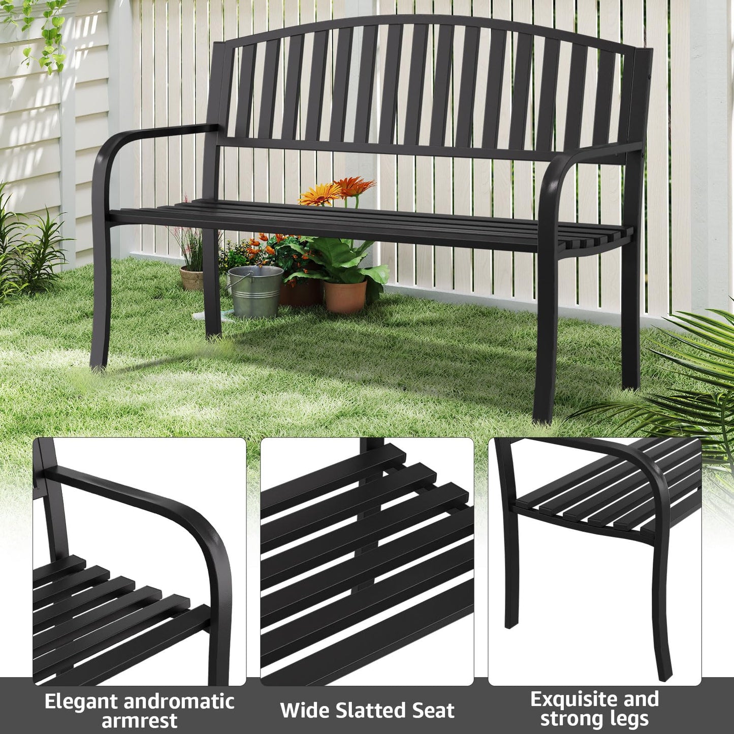 Gymplis Outdoor Bench Garden Bench Patio Bench,Weatherproof Anti-Rust Metal Powder Coated Frame Park Bench,Metal Bench for Yard & Porch & Park (Vertical line)