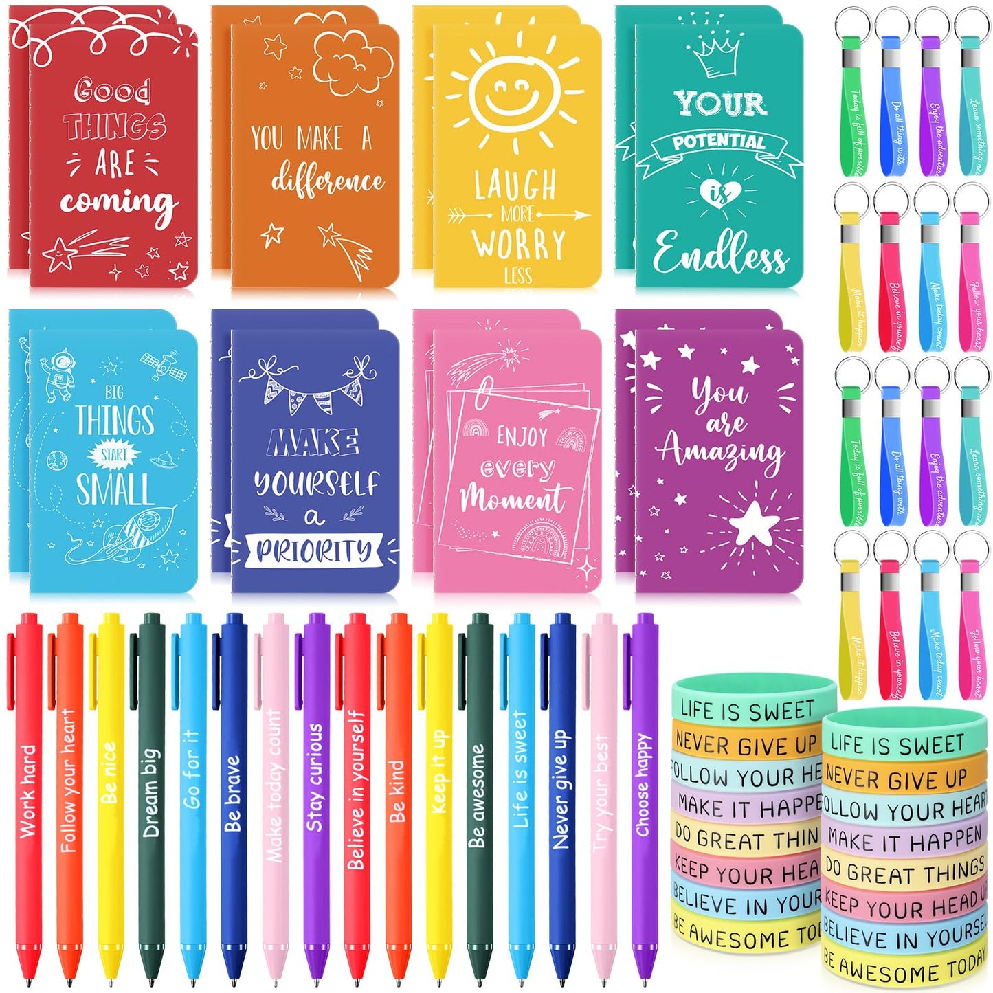 PerKoop 64 Pcs Inspirational Gifts Bulk 16 Motivational Notebooks Journal 16 Ballpoint Pens 16 Wristbands 16 Keychains for Teacher Office Women Employee Party Favor(Watercolor)