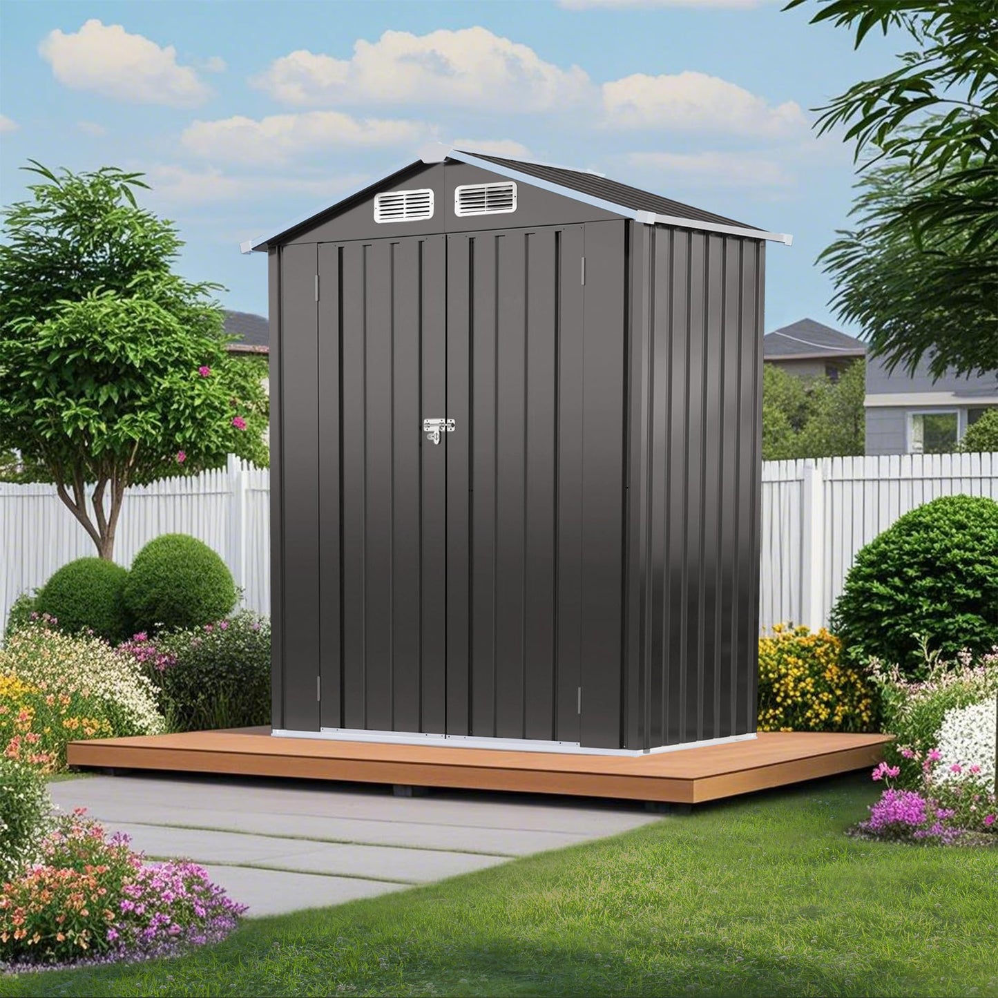 Caroluck 5x3 FT Metal Outdoor Storage Shed All-Weather Tool Shed with Peaked Waterproof Roof Lockable Door for Garden, Patio, Backyard & Lawn Organization, Gray