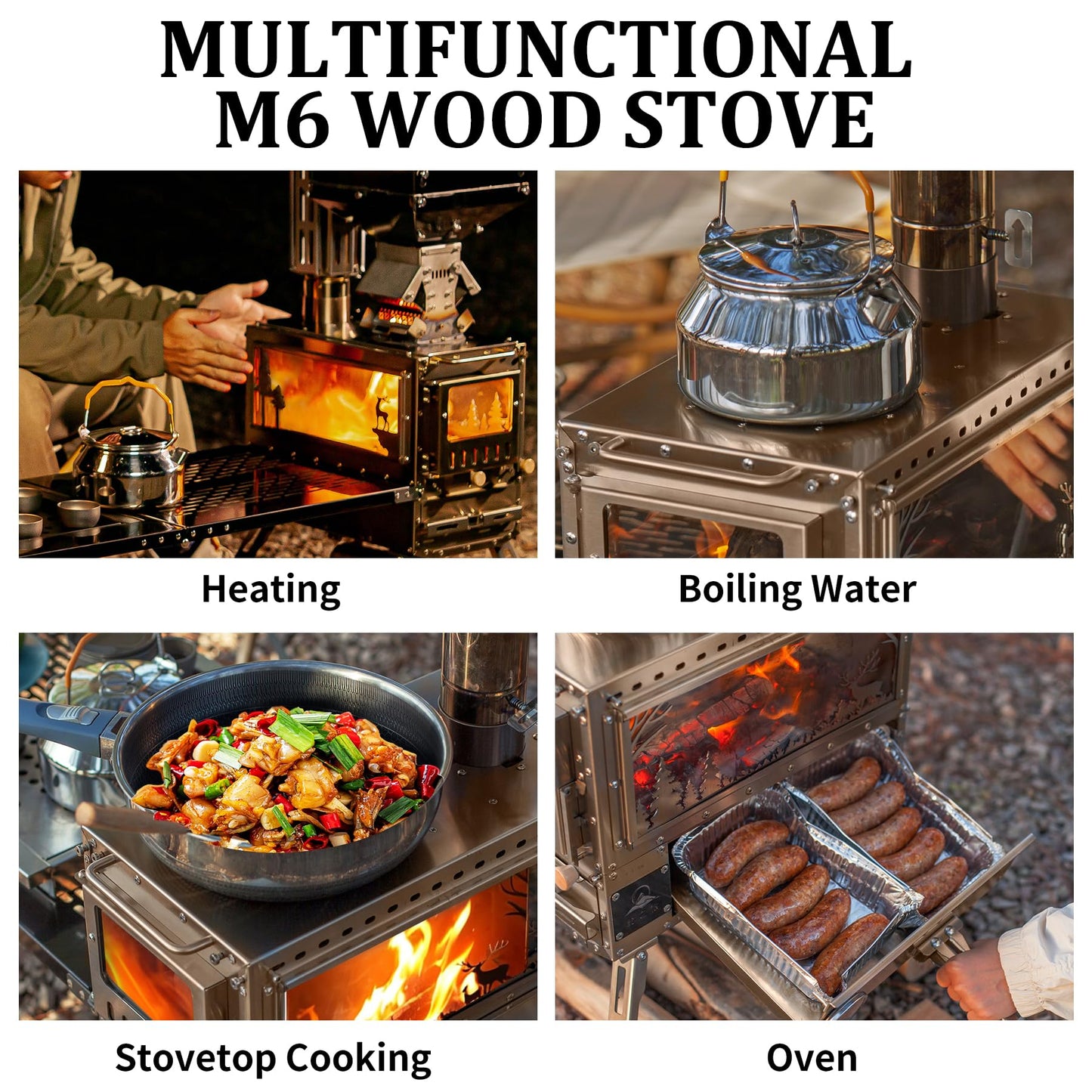 M6 Wood Burning Stove with Oven, 2100 Cu In Large Firebox & 3 Air Inlets, Stainless Steel Camp Stove with Foldable IGT Table, Ash Drawer & 6 Chimney Pipes for Outdoor Cooking, Camping