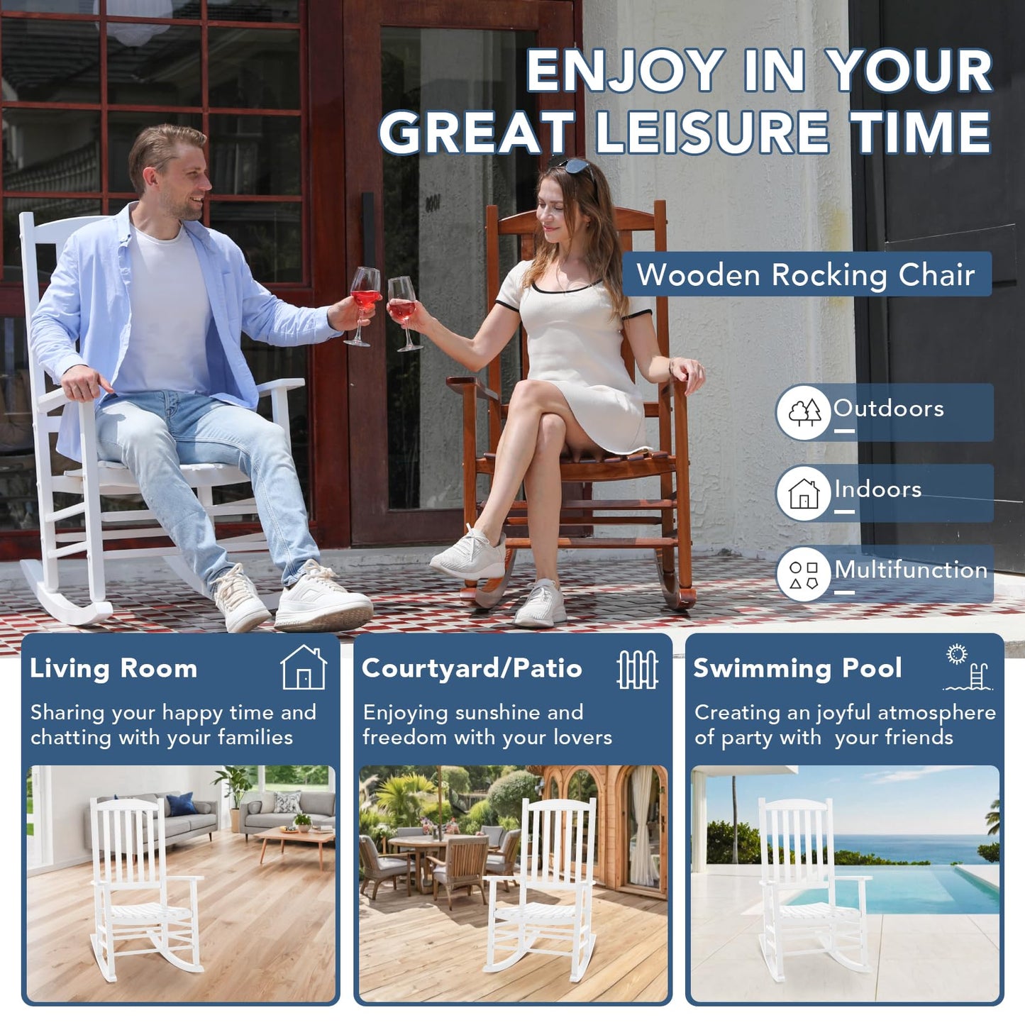 Besunbar Wooden Outdoor Rocking Chair, Oversized Patio Rocking Chair w/400lbs Support & High Backrest | Porch, Lawn, Garden, Backyard，White