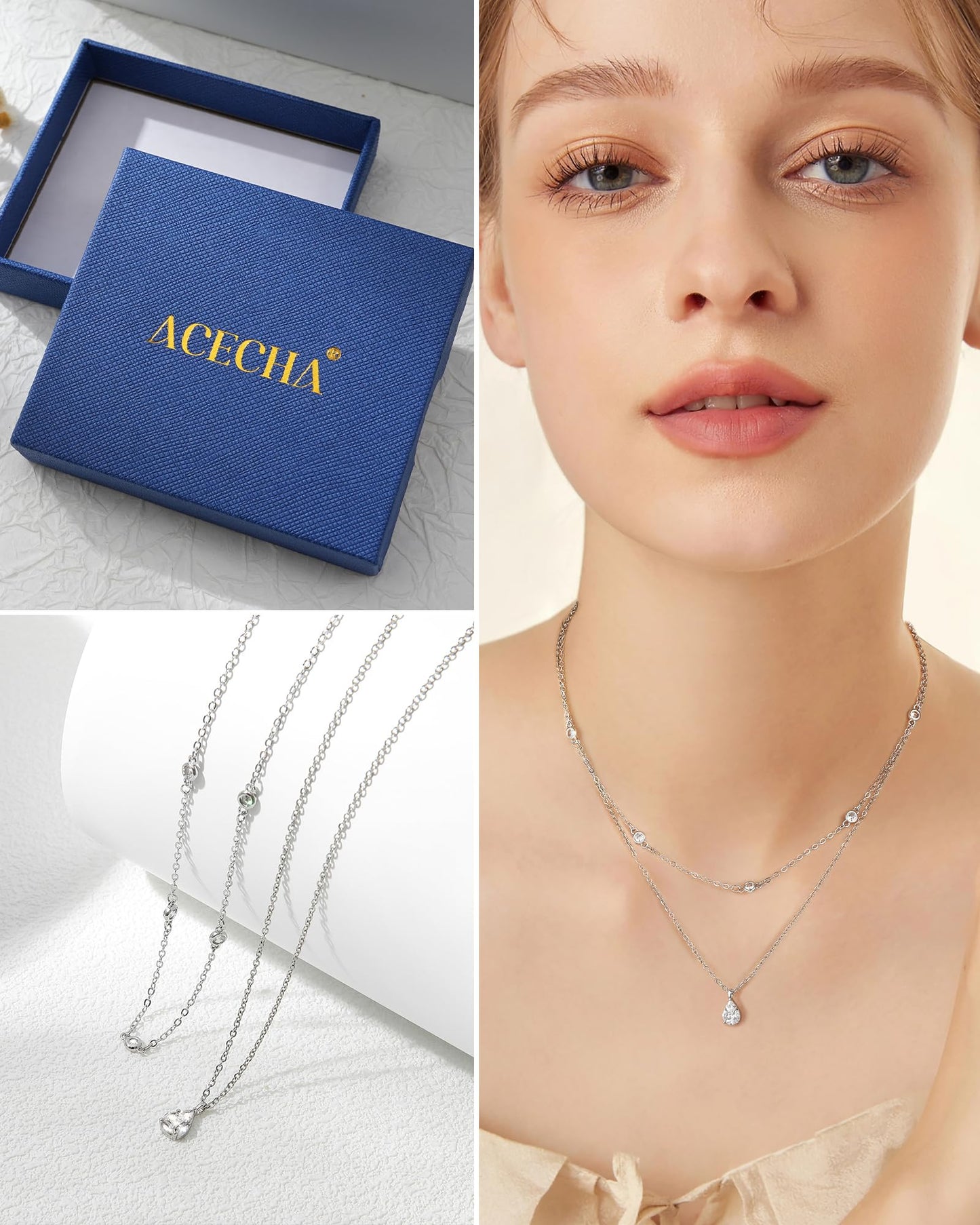 ACECHA Silver Prom Necklace for Women, Dainty Silver Plated Necklaces CZ Layered Choker Pendant with Pearl Diamond Zircon, Trendy Minimalist Necklace Jewelry Gifts for Women
