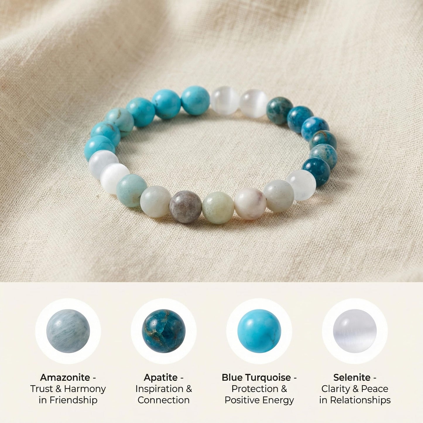 Bivei Best Friend Bracelet, Strength Crystal Healing Bracelet 8MM with Amazonite & Apatite & Blue Turquoise & Selenite - Spiritual Stretch Beaded Jewelry for Women Men Gift