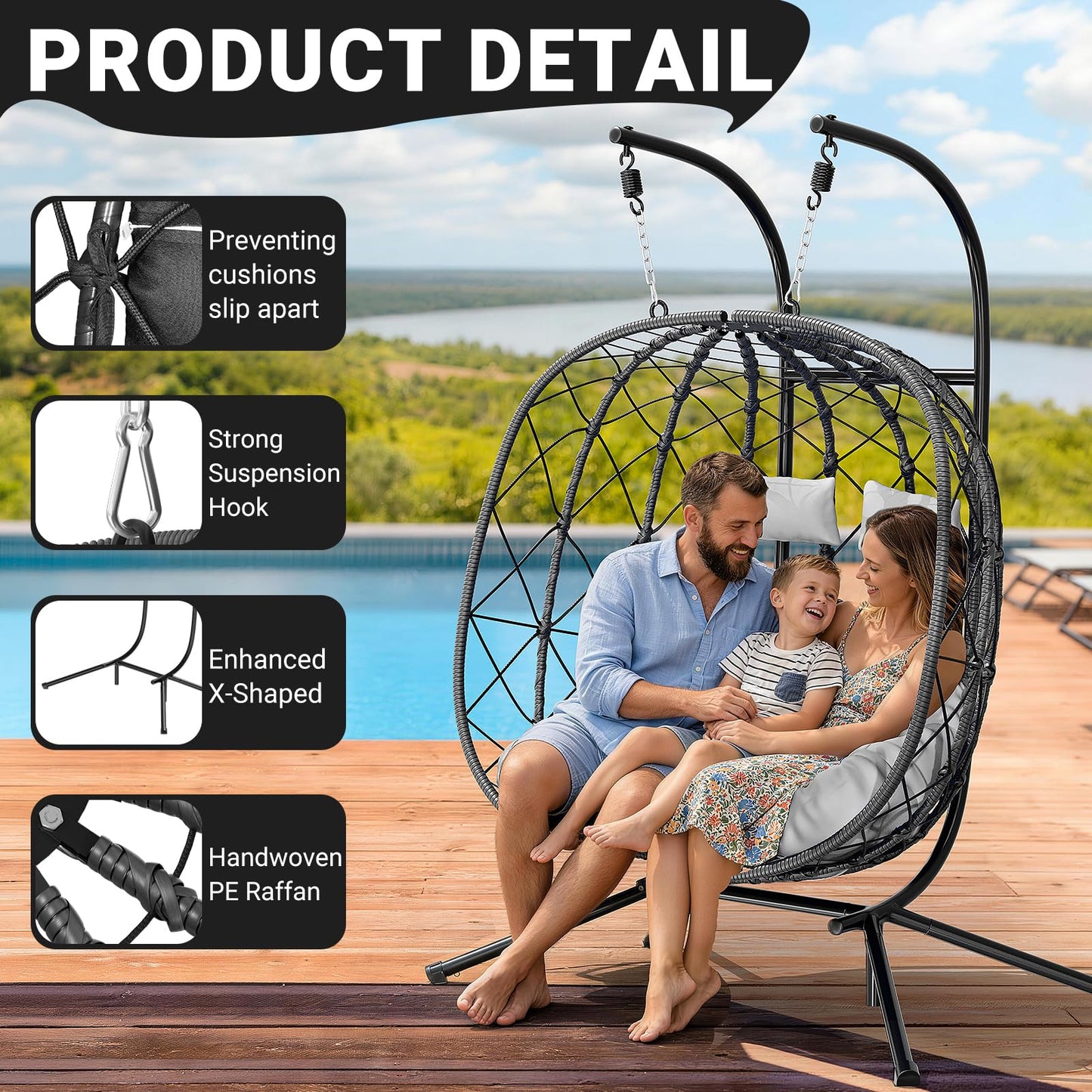LEVELEVE Double Egg Swing Chair with Stand - 2 Person Outdoor Patio Hanging Wicker Hammock Chair with Cushion, Dark Grey, for Garden, Lawn, Bedroom, Indoor/Outdoor Use