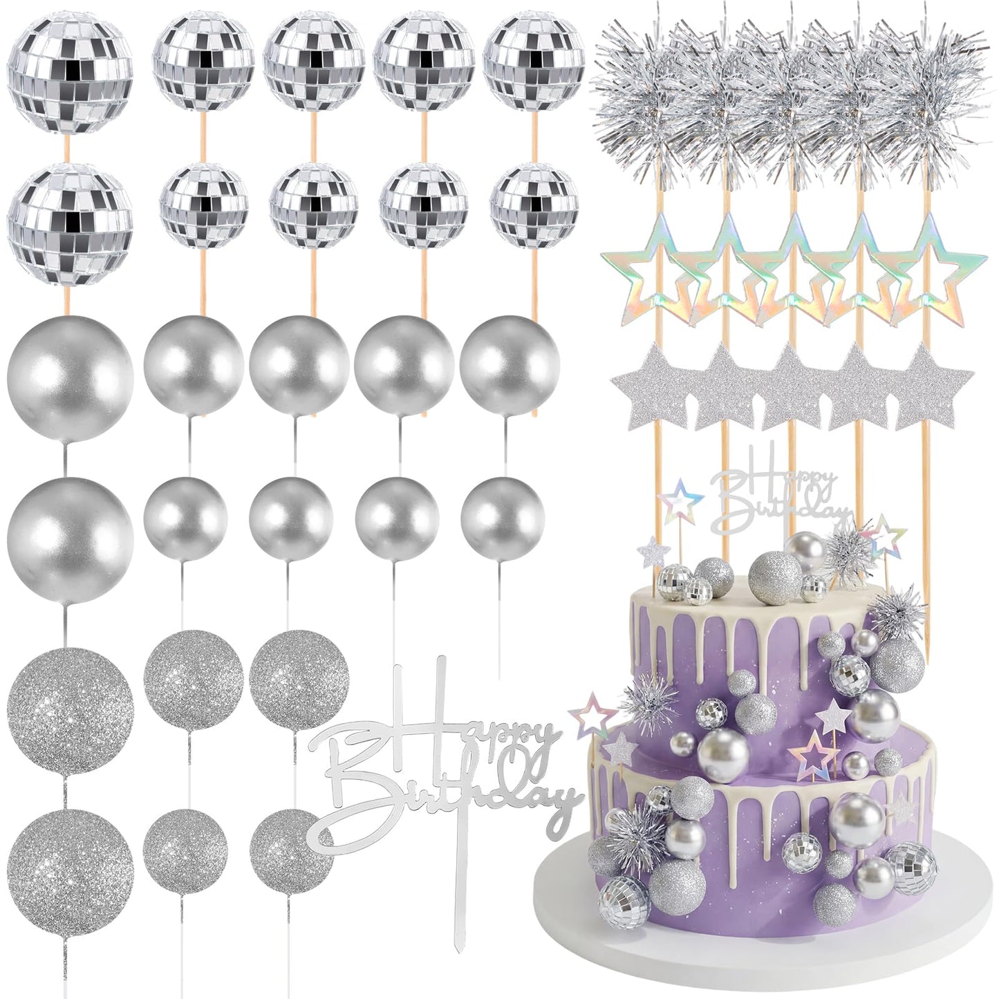 Teenyyou 57 Pcs Disco Cupcake Toppers Glitter Happy Birthday Cake Topper Cake Decorations Kits Disco Balls Star Tinsel Firework Cupcake Picks for Wedding Baby Shower Birthday Party Decor