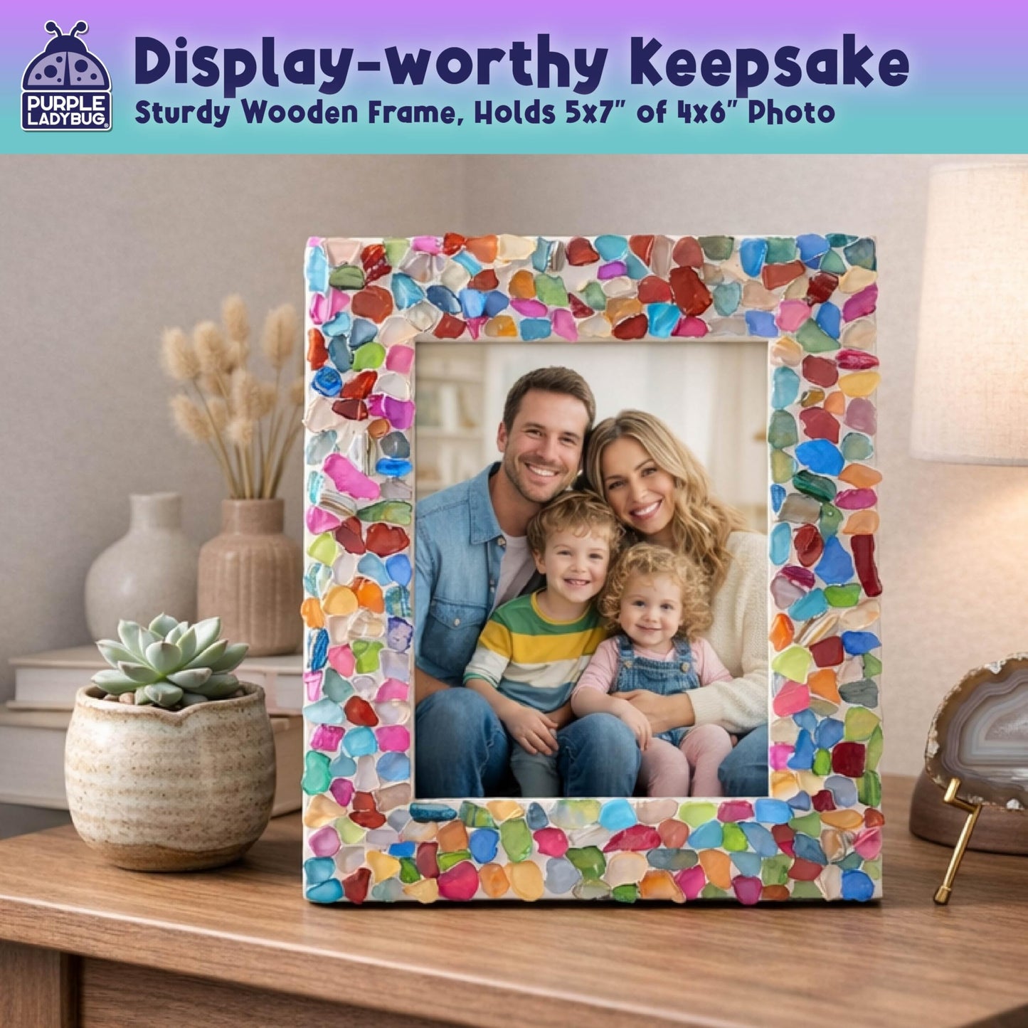 PURPLE LADYBUG DIY Mosaic Photo Frame Crafts for Girls 8-12 6-8 - Great Gift for Teens Tweens, Fun Craft Kit for Kids & Girl Birthday Gifts for 7 8 9 10 11 12 Years Old