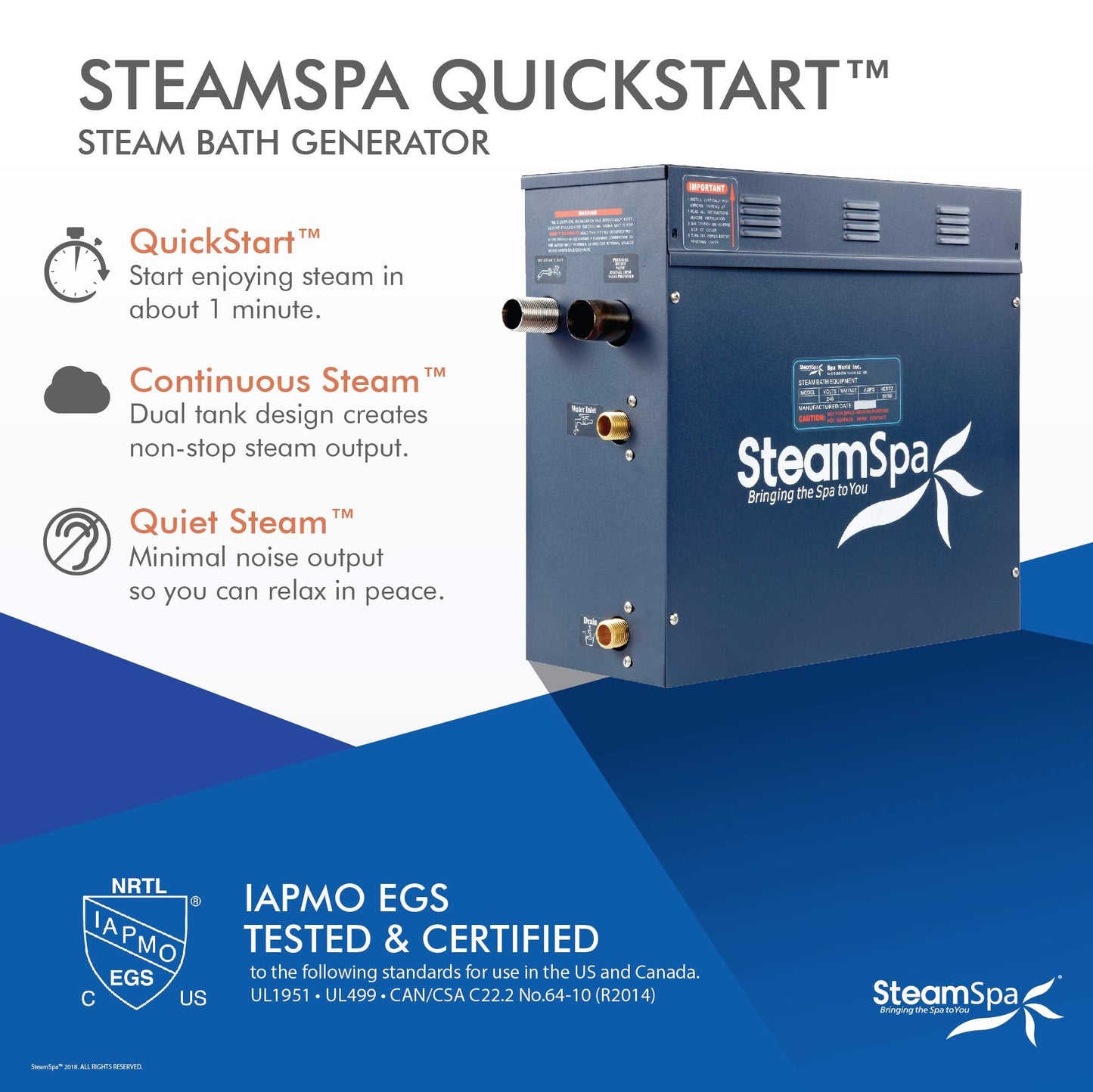 STEAMSPA 9kW Steam Sauna Generator Sentry Series 240V Steam Generator with Touch Screen, Steamhead, Built-in Steam Shower Auto Drain, ACU Quickstart Steam Bath Generator (Black)