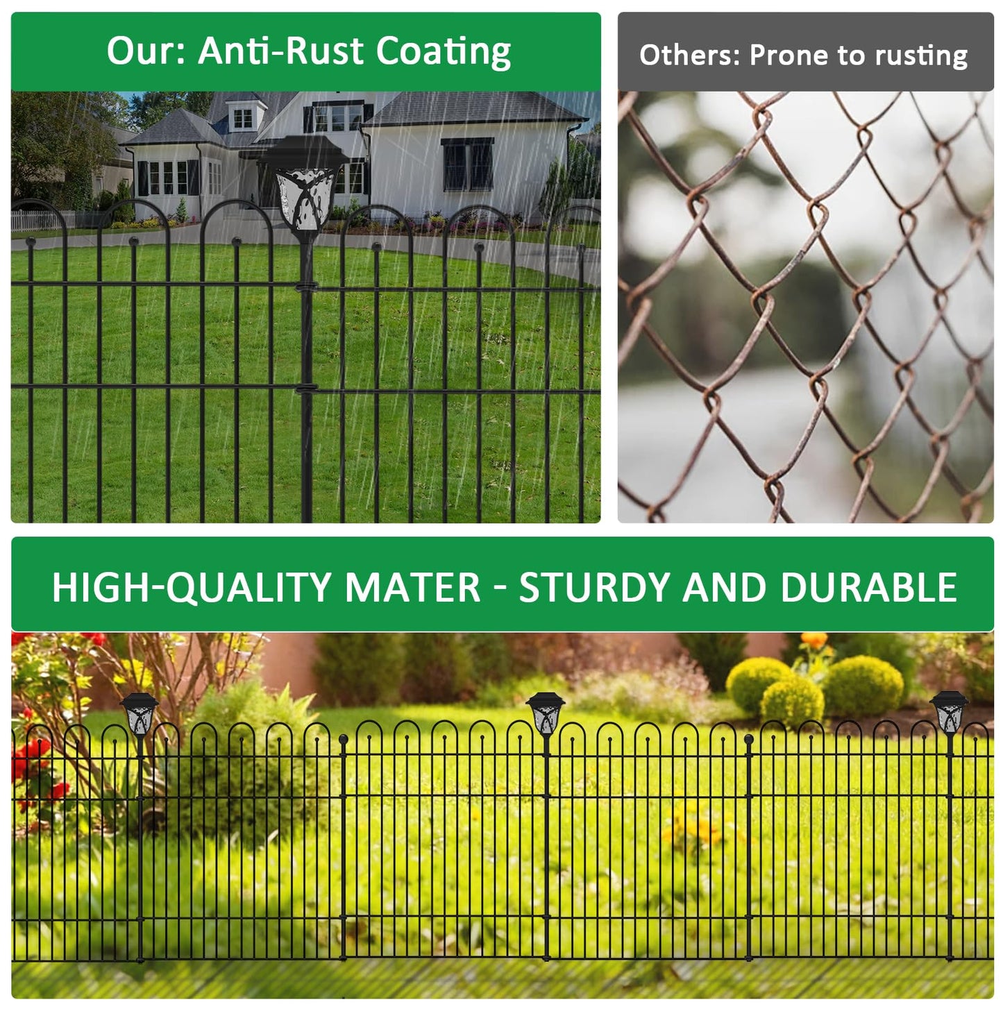 Garden Fence Animal Barrier with Lights & Gate, 32 in (H) x23.6ft (L) Decorative Garden Fence, 10 Panels No Dig, Rustproof Metal Temporary Fence, for Outdoor, Yard, Patio
