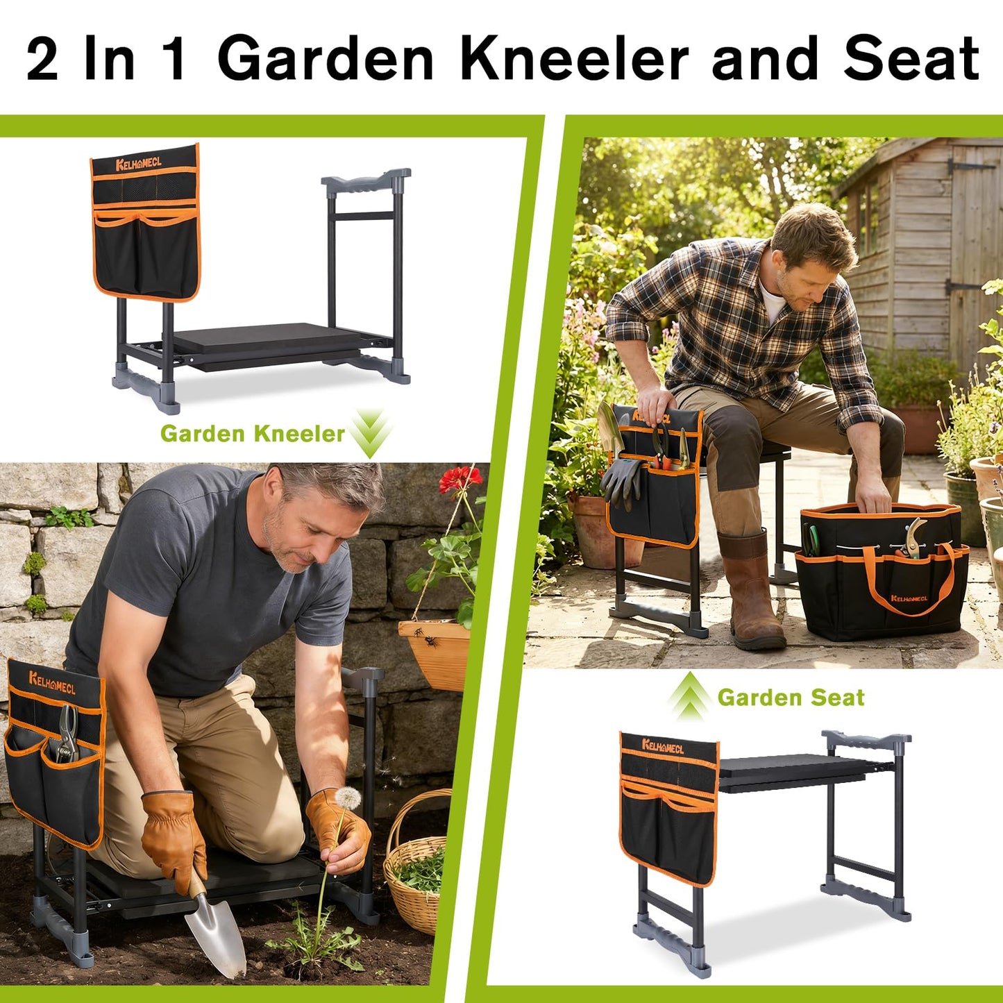 KELHOMECL Garden Kneeler and Seat with Umbrella, 2-in-1 Foldable Gardening Stool with Adjustable Bracket, Detachable Tool Bags, Heavy Duty Kneeling Pad for Gardening (Black Orange)