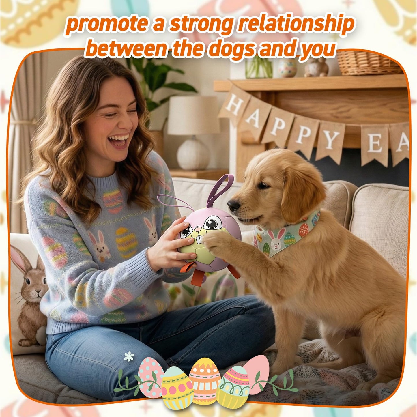 QDAN Rabbit Dog Toys, Dog Soccer Ball with Straps, Dog Water Toy, Waterproof Rubber Dog Toy Ball for Medium Small Dogs, Outdoor Inddor Doy Pet Puppy Toys (6 Inch)