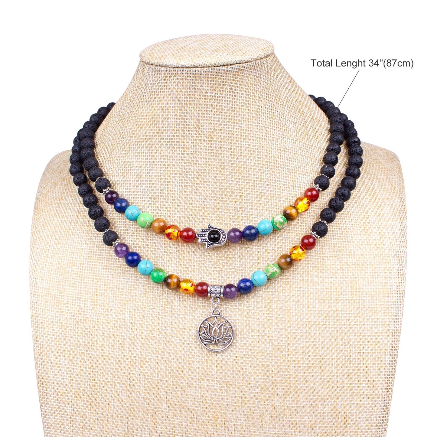 Addmluck 108 Mala Beads Necklace 7 Chakra Tree of Life Pendant Prayer Buddha Bracelets Healing Stone Yoga Men Women Jewelry(Natural lava beads)