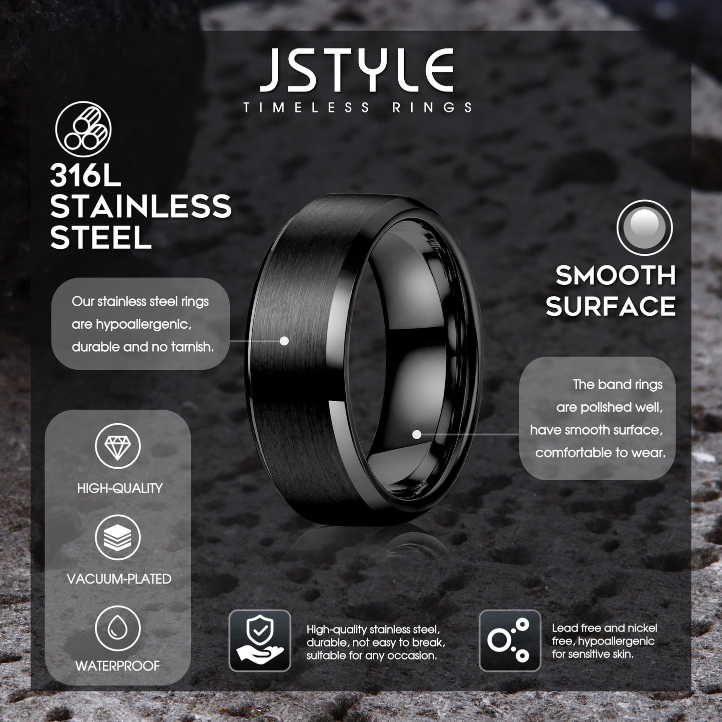 Jstyle Stainless Steel Rings for Men Women 8MM Wedding Band Rings Matte Surface - Beveled Polished Edge Mens Ring Size 10 Black Ring for Men