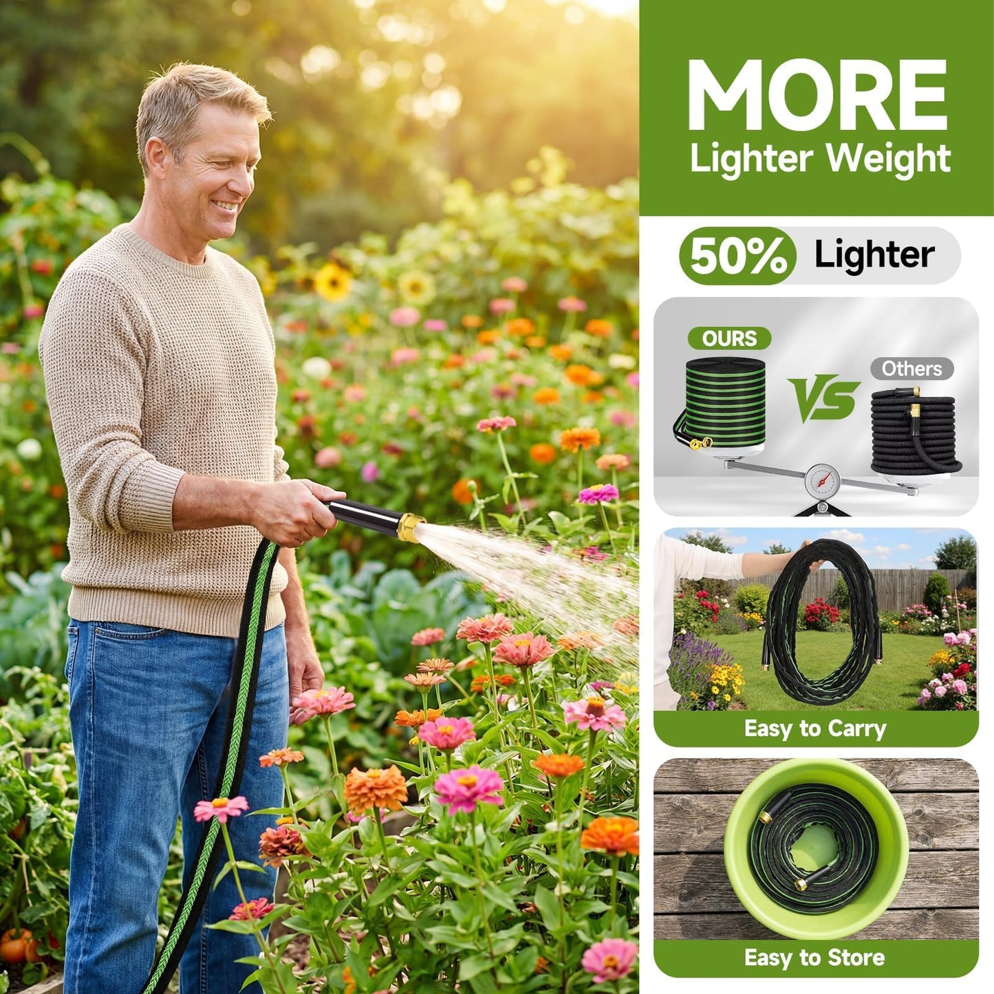 VIONMI Garden Hose 50ft Flexible Non-Expandable Water Hose Kink-Free Lightweight Leak-Proof High Pressure Durable Outdoor Portable Fabric Hoses Pipe with 3/4” Sturdy Fittings for Yard Lawn Car Wash