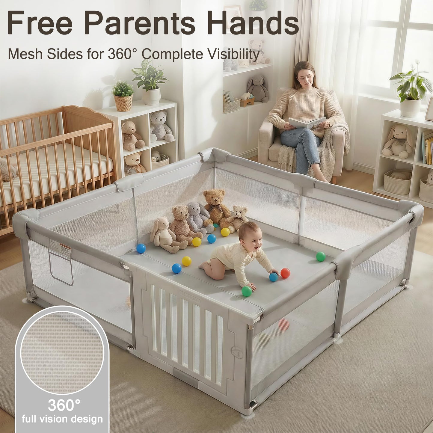 Funyoo 71" ×59" Baby Playpen with Gate, Large Baby Play Pen for Babies and Toddlers, Infant Fence Play Yard with Door for Living Room, Anti-Fall, Breathable Mesh