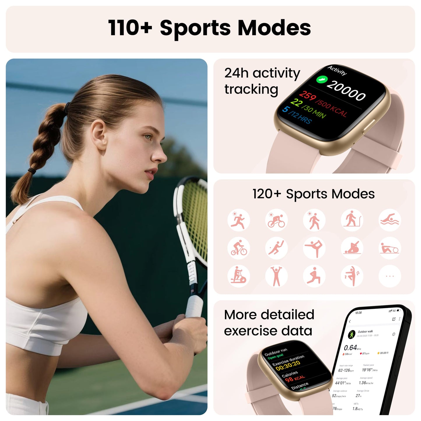Smart Watch with Alexa Built-in, 1.83" HD Touchscreen Fitness Tracker with Bluetooth Calling, Fitness Watch with Heart Rate/Sleep Monitor/120+ Sports, IP68 Waterproof Smartwatch for Android iOS, Pink