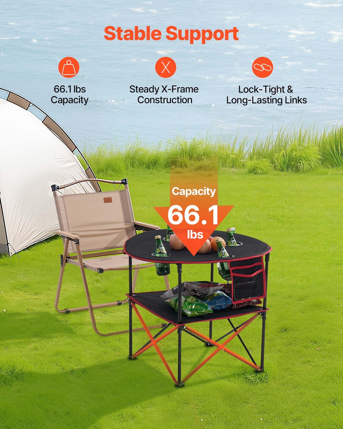 VEVOR Folding Camping Table, Portable Outdoor Lightweight Picnic Table, 600D Oxford Fabric Waterproof Canvas Travel Beach Tables, with 4 Cup Holders, Carry Bag, for Tailgating Camping Picnic, Black