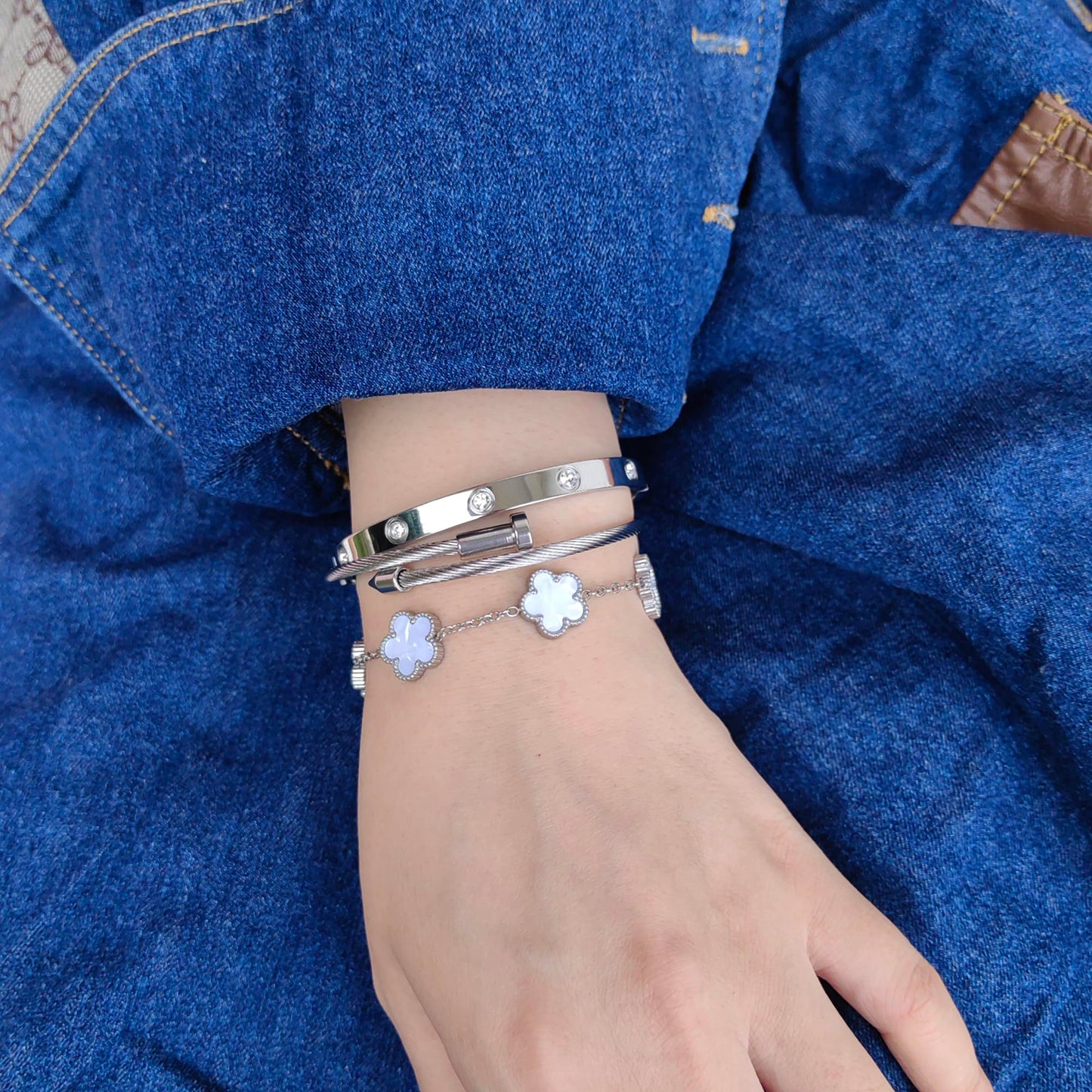 Jade cabbage Gold Bracelets for Women 18K Gold Plated Love Friendship Bracelet With Cubic Zirconia Cuff Bangle Jewelry Set Witness the Gift of Love (Silver 3pcs-A Medium 6.5")