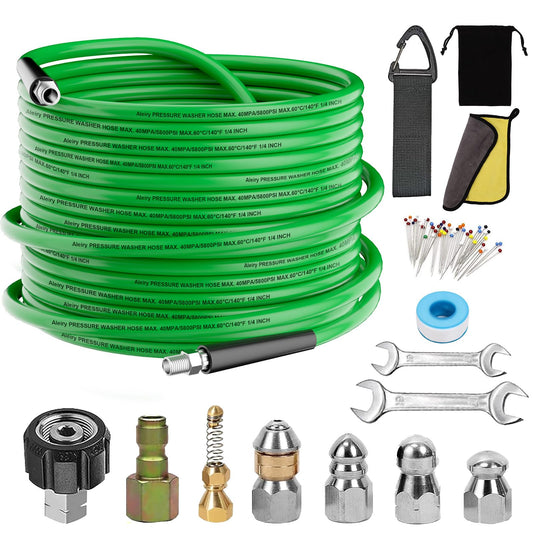 Sewer Jetter Kit for Pressure Washer,Water Jet Drain Cleaning Hose with Corner Rotating Button Spring Nose 1/4" NPT Sewer Cleaning Tool High-Pressure Nozzles,5800 PSI 50 FT