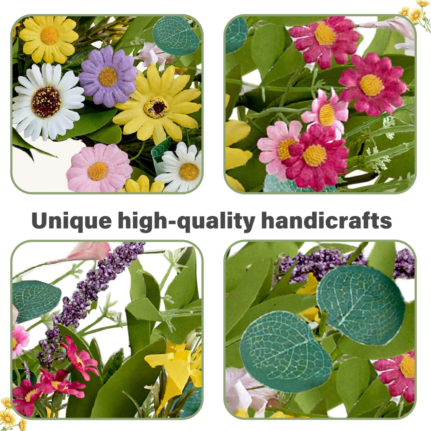 MAINGKAUNG Spring Wreath 22 Inch Artificial Summer Wreath with Yellow Daisy Flowers Green Eucalyptus Leaves Lavender Spring Wreaths for Front Door Home Farmhouse Porch Wall Easter Festival