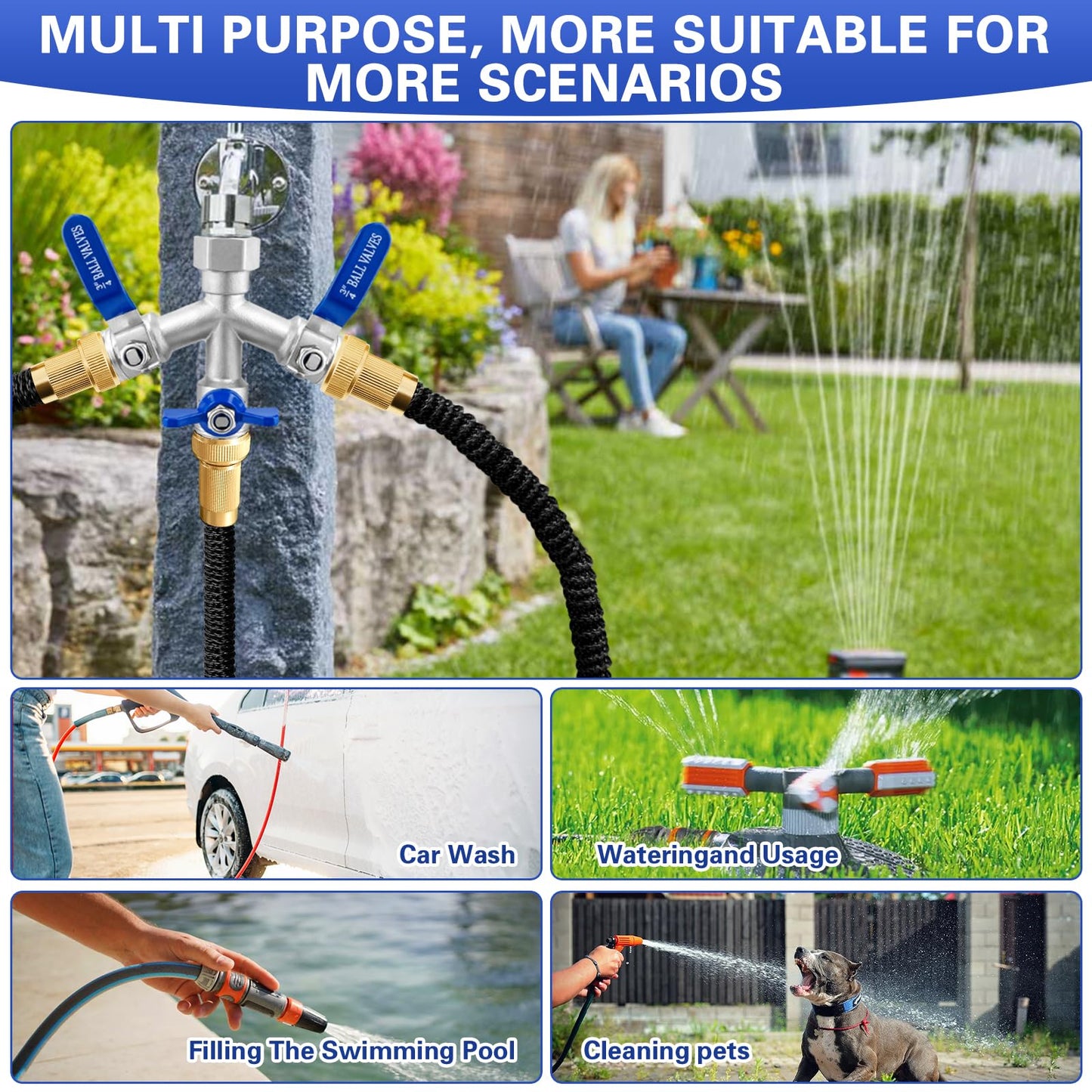Garden Hose Splitter 3 Way, Heavy Duty 304 Stainless Steel Hose Splitter with Shut-off Valves, Full Flow Garden Water Hose Bib Spigot Splitter, 3/4'' GHT Thread Outdoor Faucet Splitter