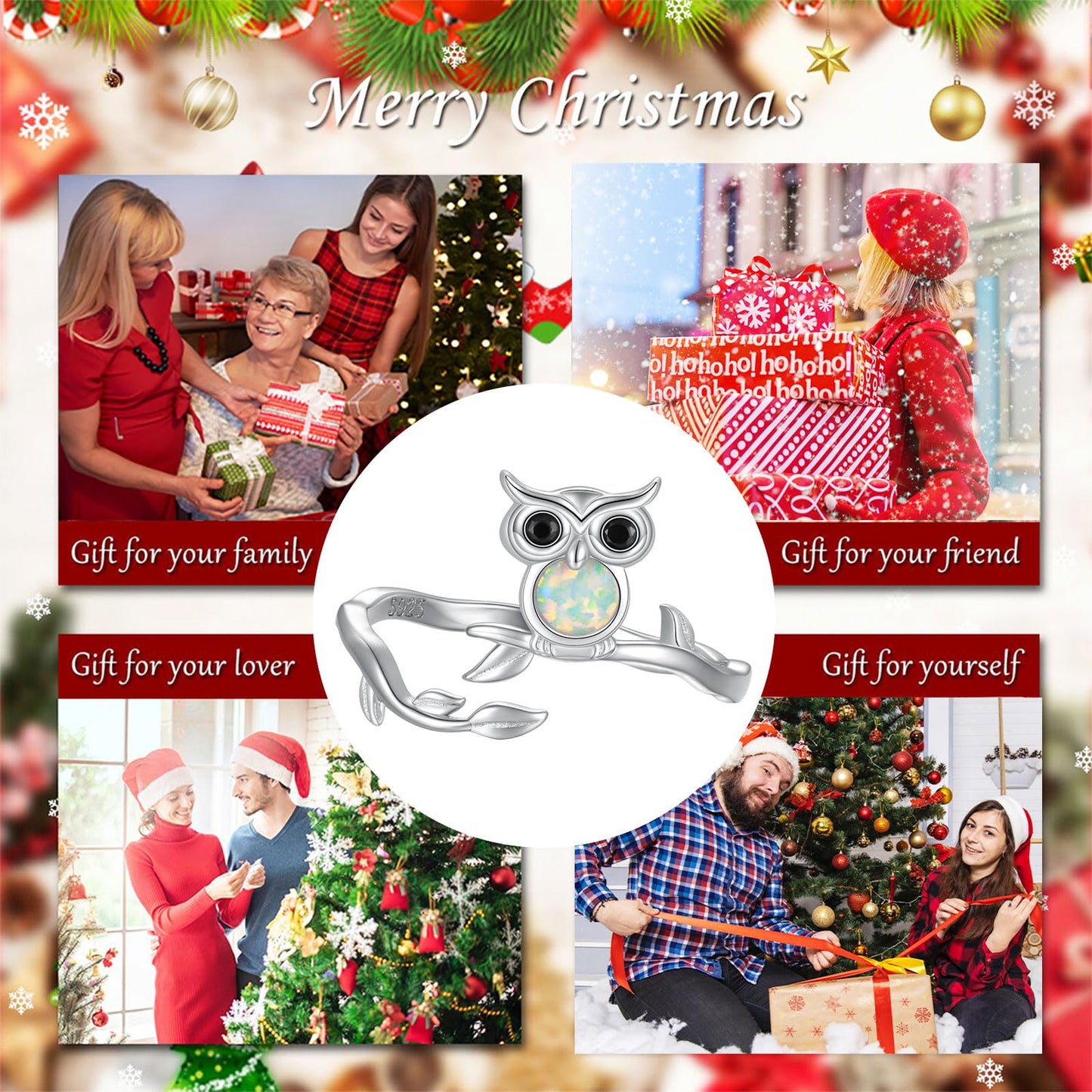 Zepmais 925 Sterling Silver Animal Ring - Adjustable Open Owl Axolotl Rings with Heart Cubic Zirconia Opal Cute Animals Jewelry Gifts for Women (Owl Ring)
