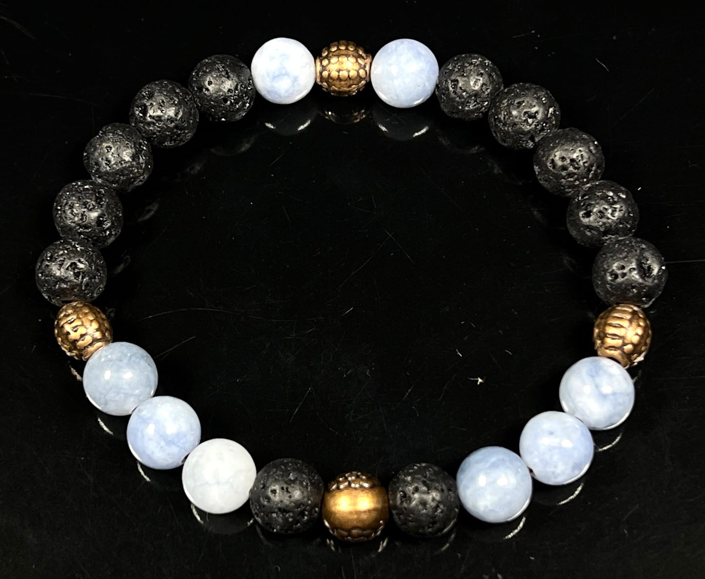 AWAKEN YOUR KUNDALINI Lava Rock & Aquamarine Stretch Bracelet – 8mm Beads, Copper Spacers