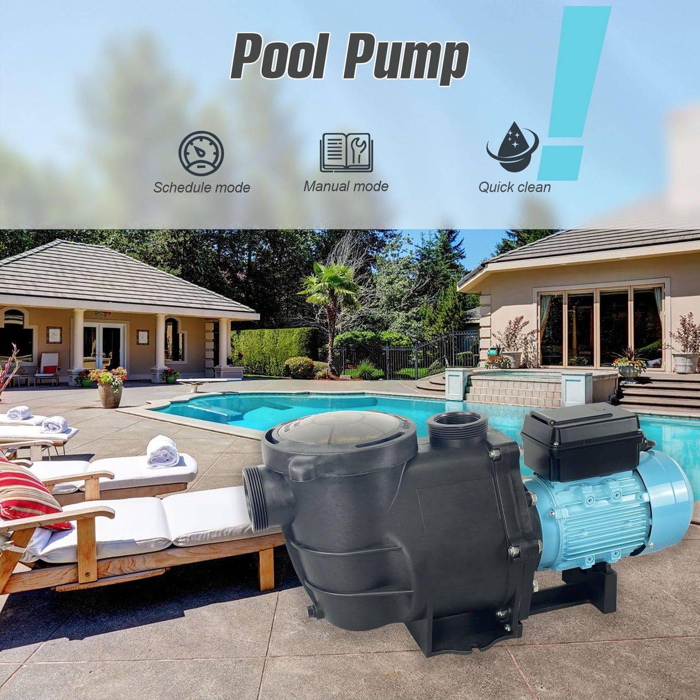 2.5 HP Variable Speed VS Multiple Speed Programmable Pool Pump 230Vac 8100GPH Intelligent In-ground and above ground pool pump Compatible with with both 1.5" Pipe and 2.0" Pipe