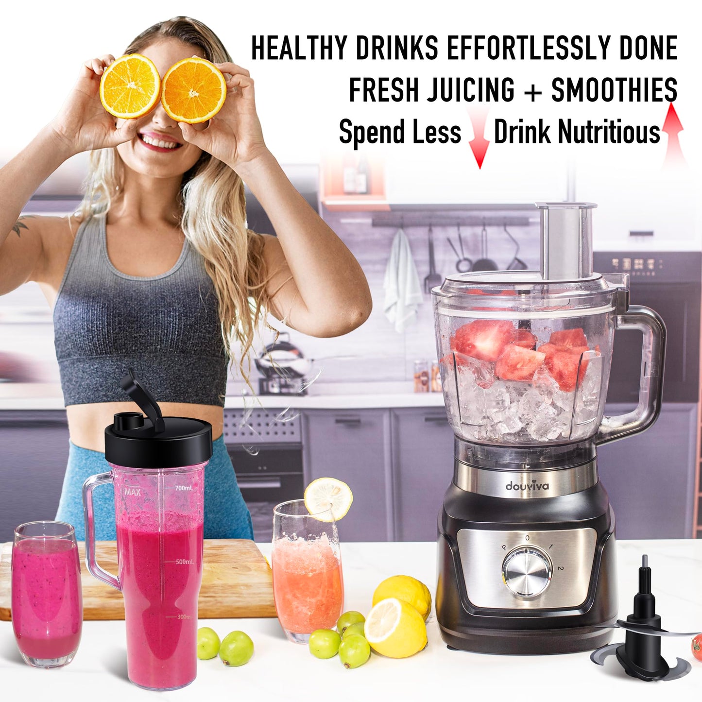 Food Processor Blender Combo,3-1 Countertop Blender with 8-cup Processor Bowl,Grinder,24oz To-Go Lid Cup,1000W Blenders for Kitchen with Smoothies&Shakes, Electric Cheese Grater/Shredding,Dough