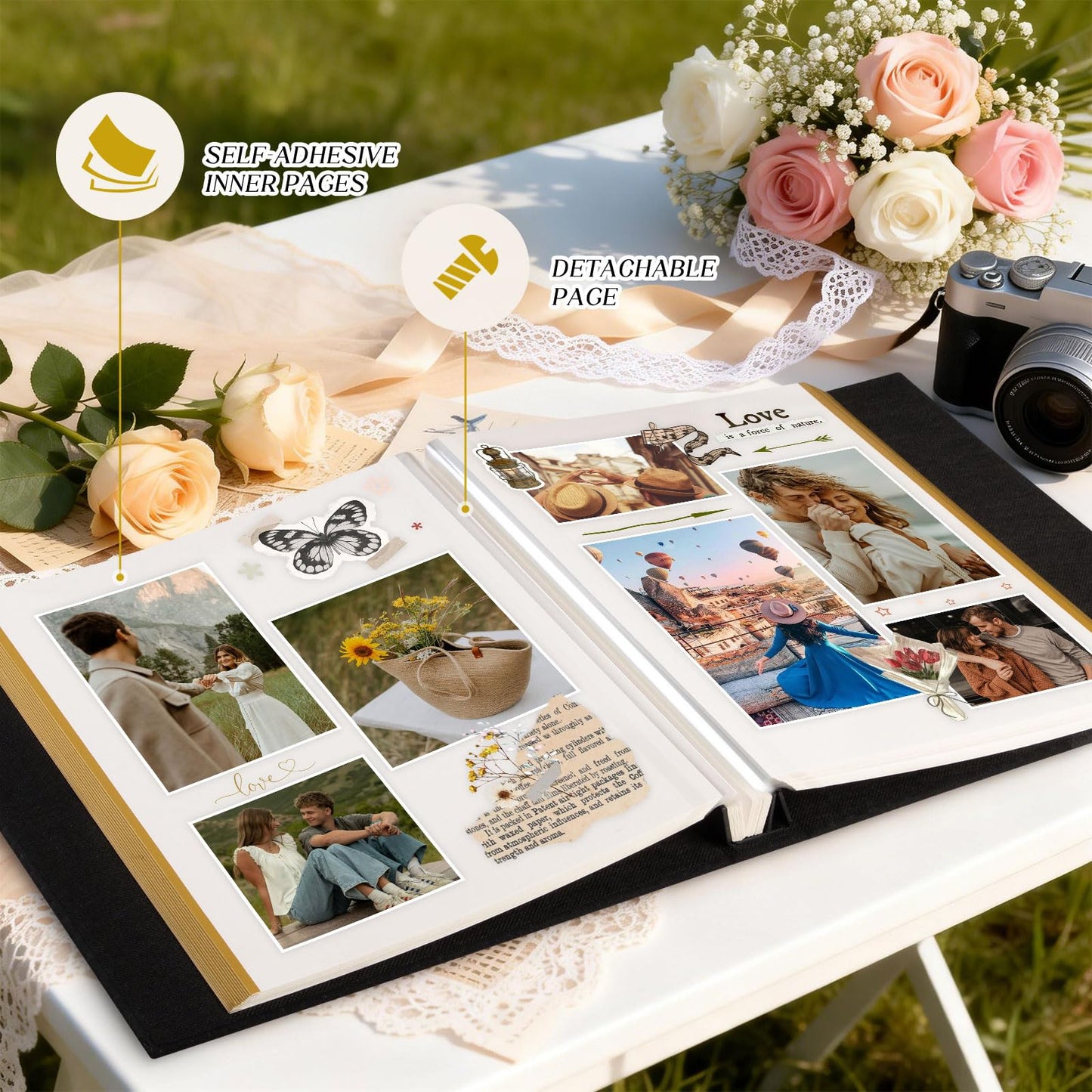 Lanpn Couples Scrapbook Photo Album - The Story of Us, Linen Wedding Anniversary Self Adheisve Picture Book holds 4x6 5x7 A5 Photo for Love Newlywed Valentine's Day (Large 40 Sheets/80 Pages, Beige)