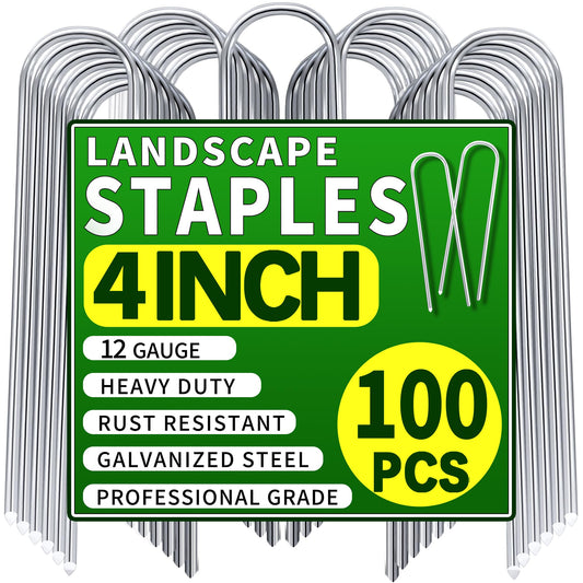 ToolTide 100 Pack 4 Inch U Shaped Garden Stakes Galvanized Drip Irrigation Stakes Landscape Staples Soaker Hose Stakes Anti-Rust Drip Line Stakes for Ground Drip Tubing Weed Barrier Fabric Plant Cover