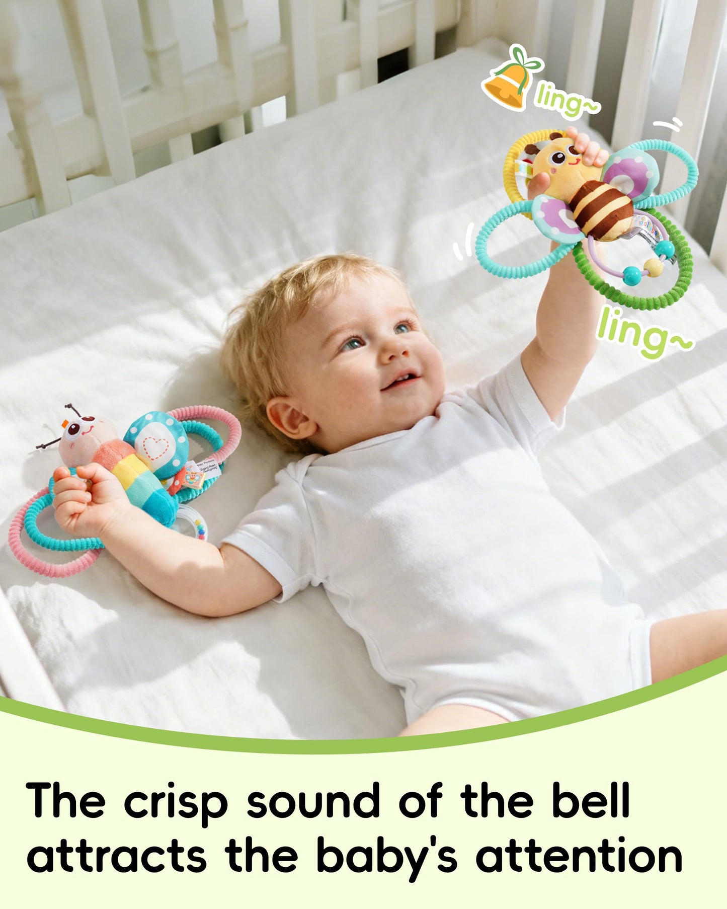 Jollybaby Soft Baby Rattles & Plush Rings Toy for Newborn 0-3-6-12 Months, Sensory Developmental Hand Teether Toys for Infant 0-2-4-7-8-9 Months, Baby Shower & Birthday Gifts - Bee