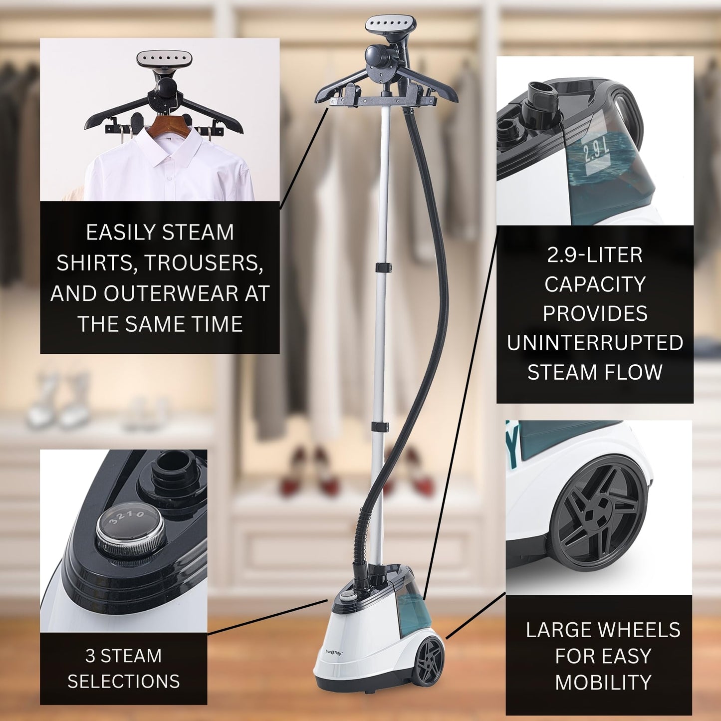 True & Tidy® Pro Commercial Garment Steamer with Extra Large 3L (101 oz) water tank, Heavy Duty with 3 Steam Settings, Aluminum Steam Plate, up to 90 mins