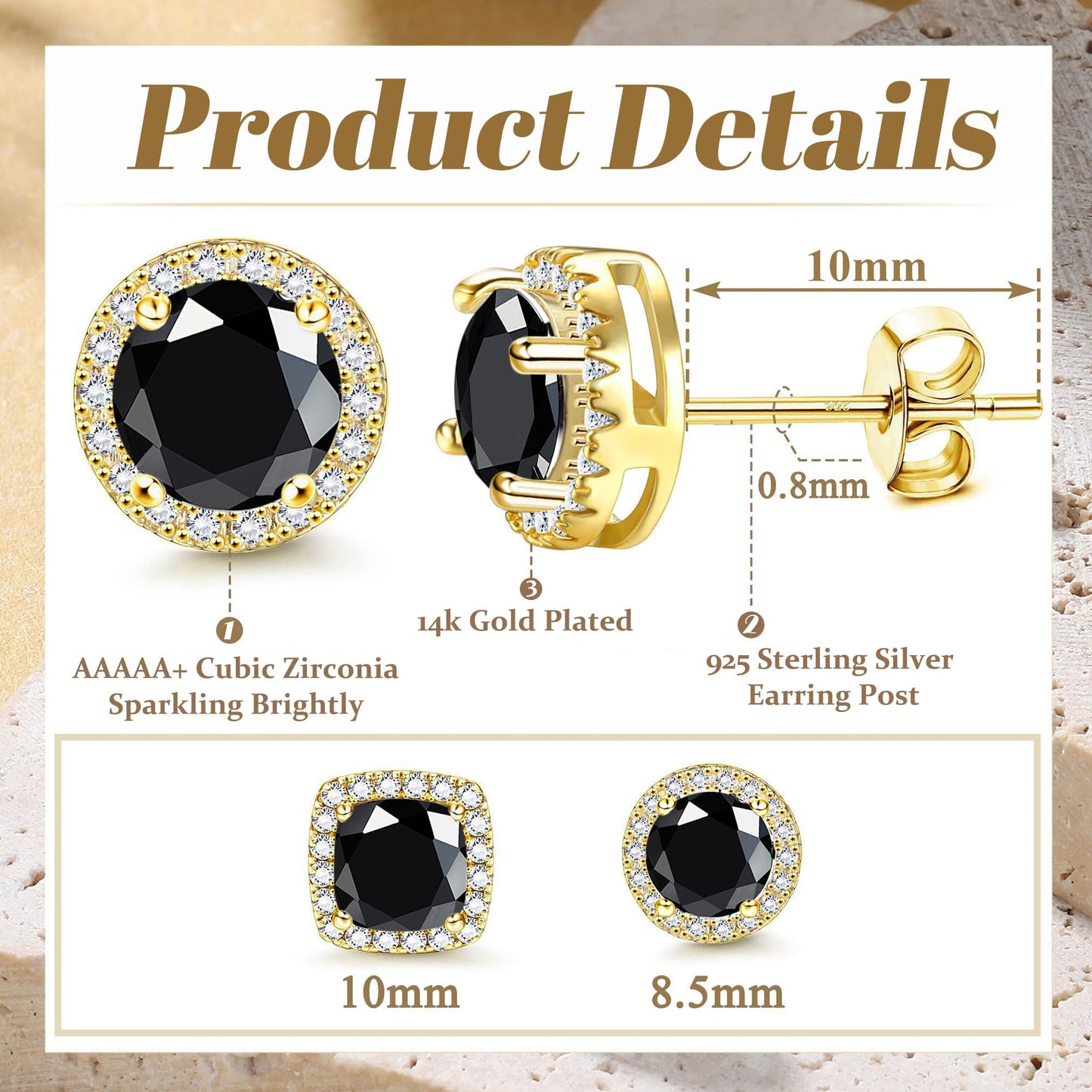 Hayoso Cubic Zirconia Stud Earrings for Women Men Sterling Silver Earring Post Hypoallergenic 14k Gold Plated Round&Square Earrings Gold&Black