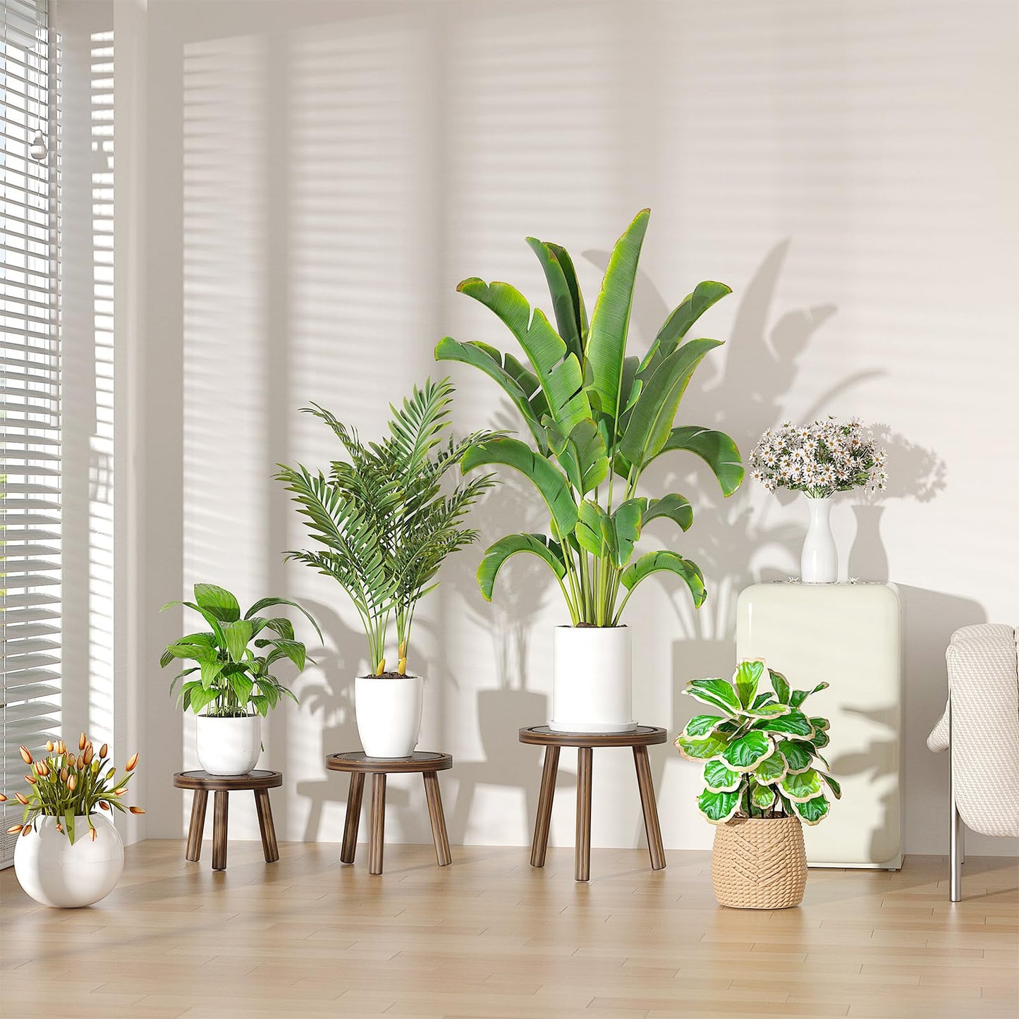 Vecxoty 5-Pack Wood Plant Stands Indoor, Single Plant Stand for 6-12 Inch Pots, Mid-Century Modern Plant Stool, Tall Plant Stand for Large Plants for Living Room, Balcony, Office (Dark Brown)