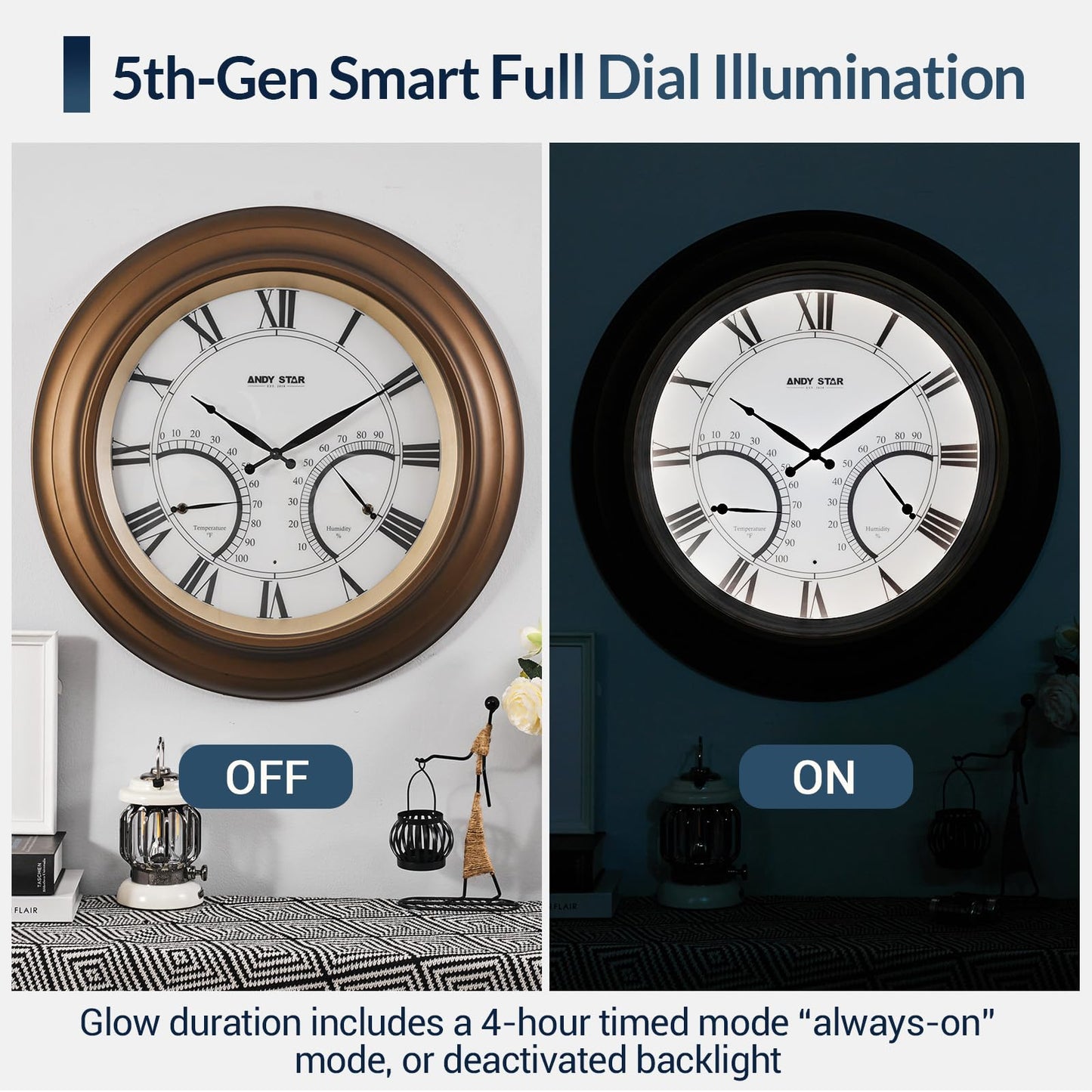 ANDY STAR 24 Inch Outdoor Clocks Waterproof,Large Outdoor Wall Clocks for Patio with Thermometer Combo, Silent Weatherproof Illuminated Metal Clock Battery Operated with Thermometer&Hygrometer, Bronze