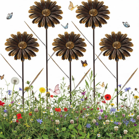 5 Pcs 11.8 Inch 3D Rusty Metal Garden Stakes, Weatherproof Decorative Plant Picks for Farmhouse Outdoor Yard, Lawn, Patio & Walkway(Daisy)