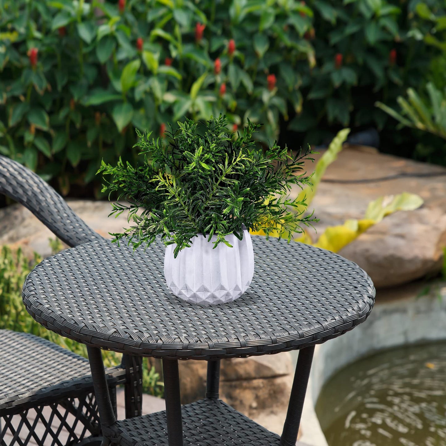 Winlyn 3 Pcs Faux Potted Plants Set - Artificial Eucalyptus, Rosemary, Boxwood Greenery in Small White Geometric Planters for Indoor Outdoor Desk Table Centerpiece Shelf Windowsill Home Office Decor