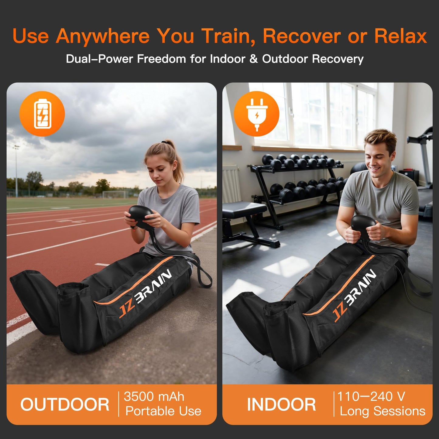 JZBRAIN Air Compression Leg Recovery Boots : Dual-Power Sequential Compression System Device with Smart Pressure Sensor - 6 Modes & 14 Positions Foot and Leg Massage for Athletes & Gym (Large)
