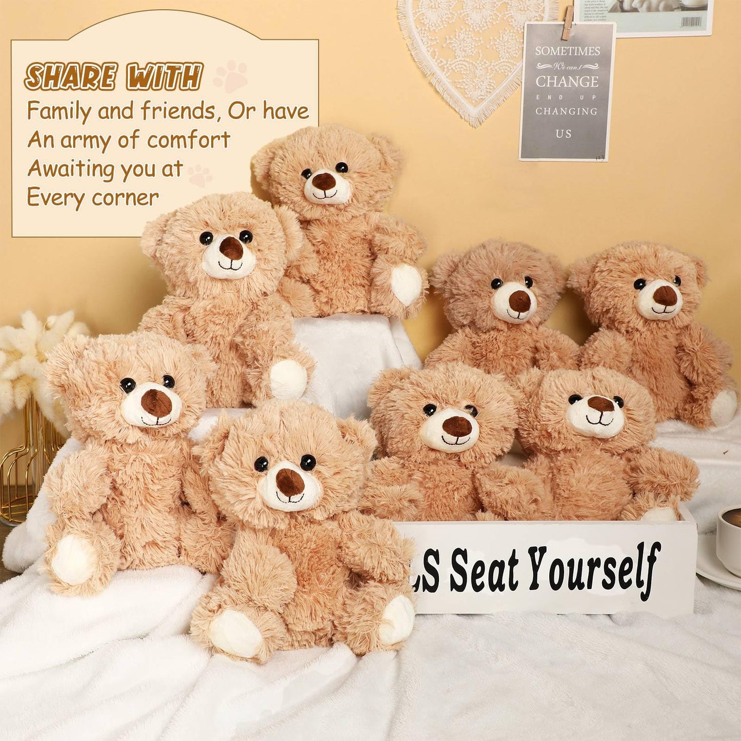 HyDren 12 Pcs 10 Inch Stuffed Animal Bear Bulk Soft Brown Small Stuffed Cute Bear Plush Toy for Girls Boys Birthday Party Baby Shower Party Favors(Light Brown)