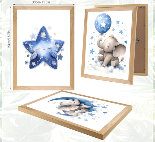 3Pcs Blue Nursery Elephant Canvas Wall Art Baby Boy Wall Decor Cute Animal Painting Pictures Moon And Stars Balloon Poster Prints for Nursery Classroom Kids Room Bedroom Home Decoration 12X16unframed