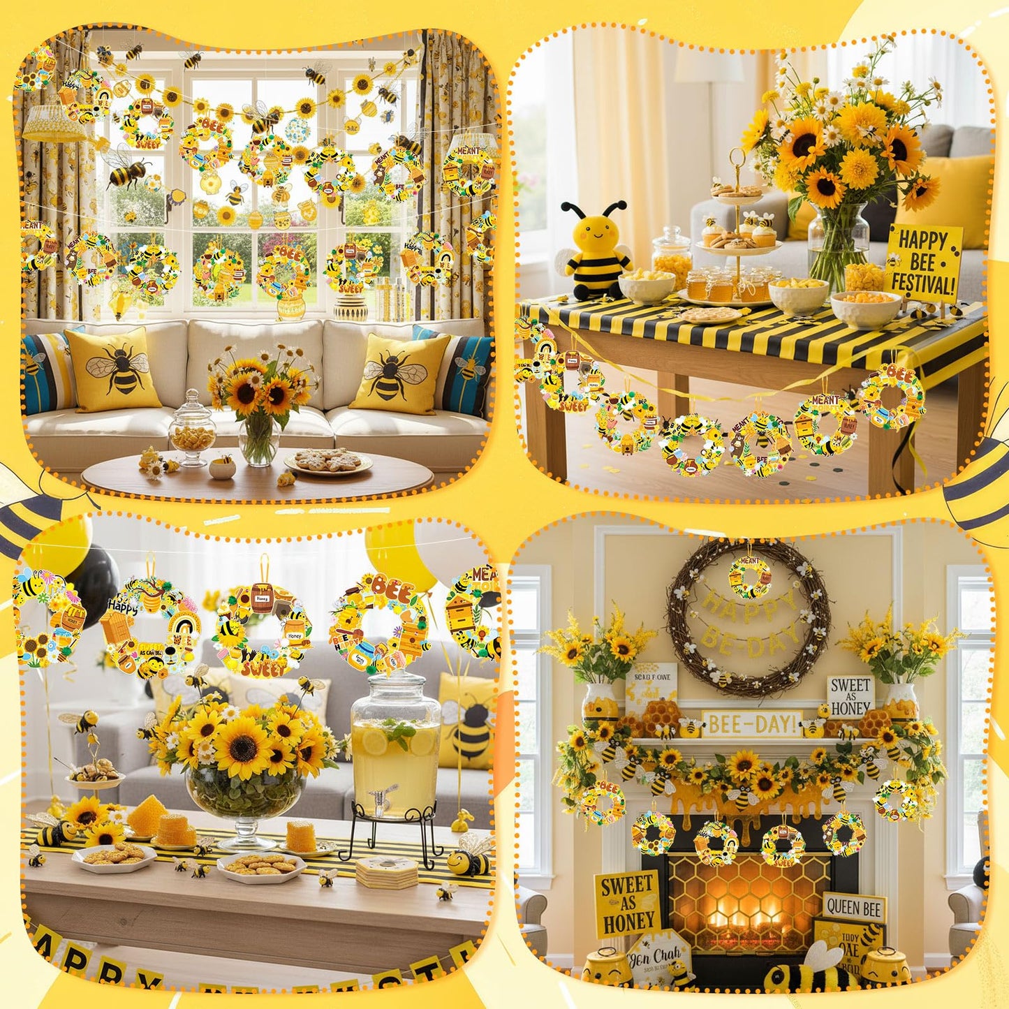 Hollowfly 48 Sets Bee Wreath Crafts Kits DIY Honey Bee Wreath Hanging Ornaments Make Your Own Paper Honeybee Craft with Sunflower Honey Flower Stickers for Summer Home Party Favors Activities