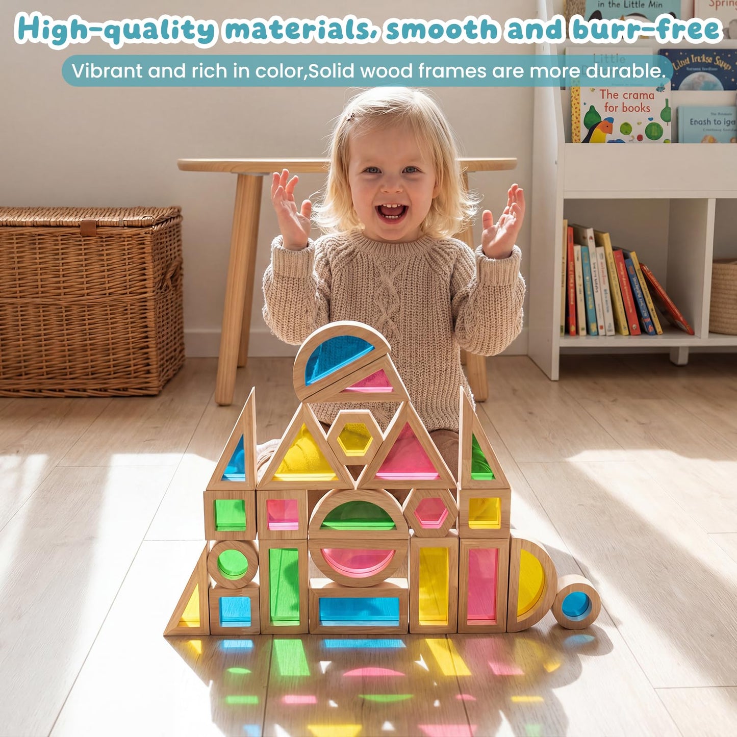 WOODENFUN Wood Building Blocks Set for Kids,Rainbow Stacker Stacking Game Construction Toys Set Preschool Colorful Learning Educational Toys, Geometry Wooden Blocks for Boys Girls