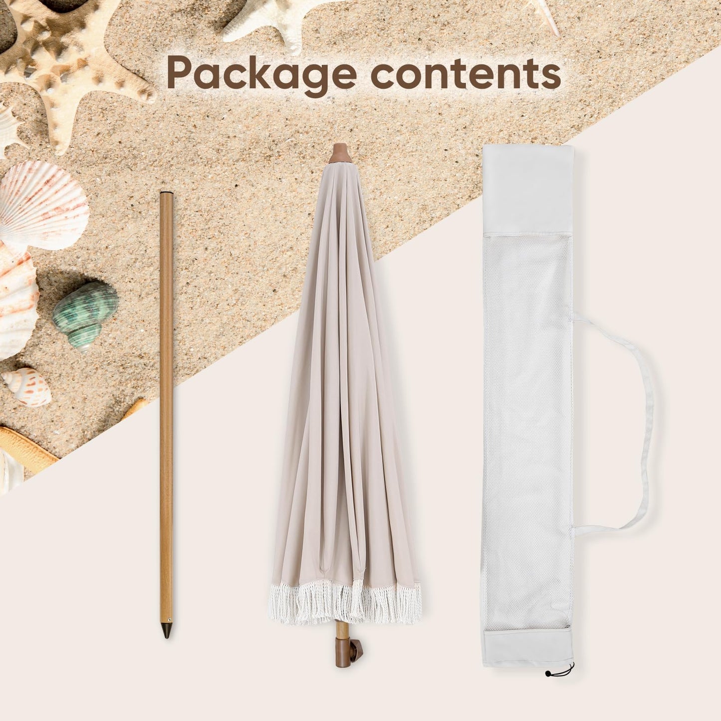 Tempera 7ft Outdoor Patio Umbrella with Carry Bag, Beach Umbrella with Fringe | Vintage Tassel Umbrella with Prime Steel Pole and Ribs Push Button Tilt, Ideal for Garden Lawn Poolside, UPF50+, Beige