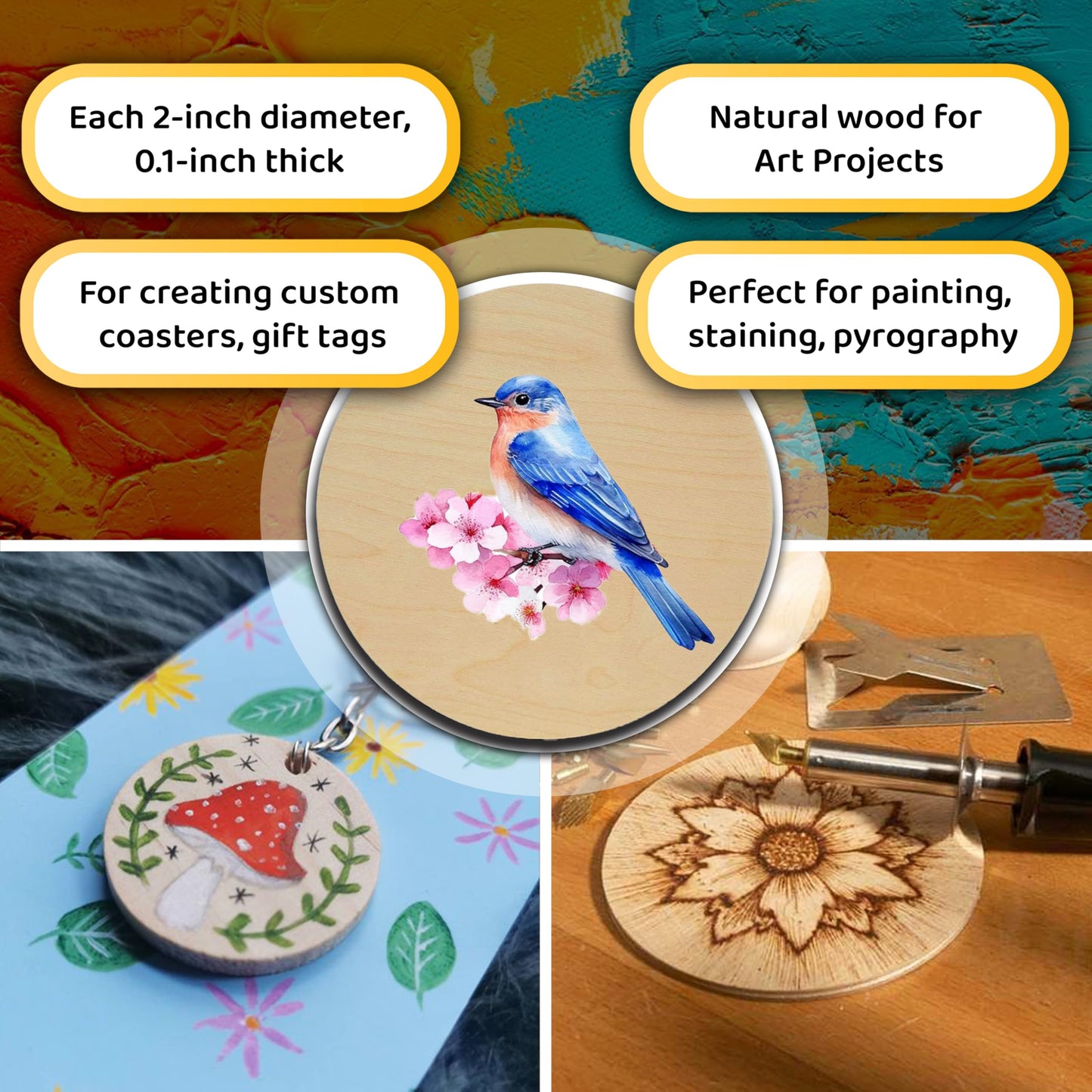 100 Pcs Unfinished Wood Circle 2 inch Wood Disc 0.1'' Thickness Round Slices Wood Blanks Wooden Cutout Natural Slices Ideal for Crafting Writing DIY Project Ornament Painting Art Home Decoration