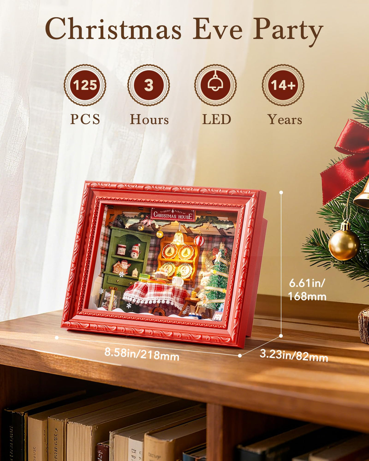 ROBOTIME Christmas Eve Party Photo Frame DIY Miniature House Kit, 3D Wooden Puzzle Building Kit for Adults, Tiny Dollhouse Model, Creative Holiday Decor & Gift for Family and Friends
