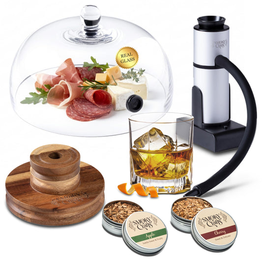 Smoky Crafts Food and Drink Smoker Kit with Smoke Gun, 8" Smoking Cloche Glass Dome, Acacia Cocktail Smoke Top and Wood Chips (Apple & Cherry) - Whiskey Smoker Kit - Gifts for Men