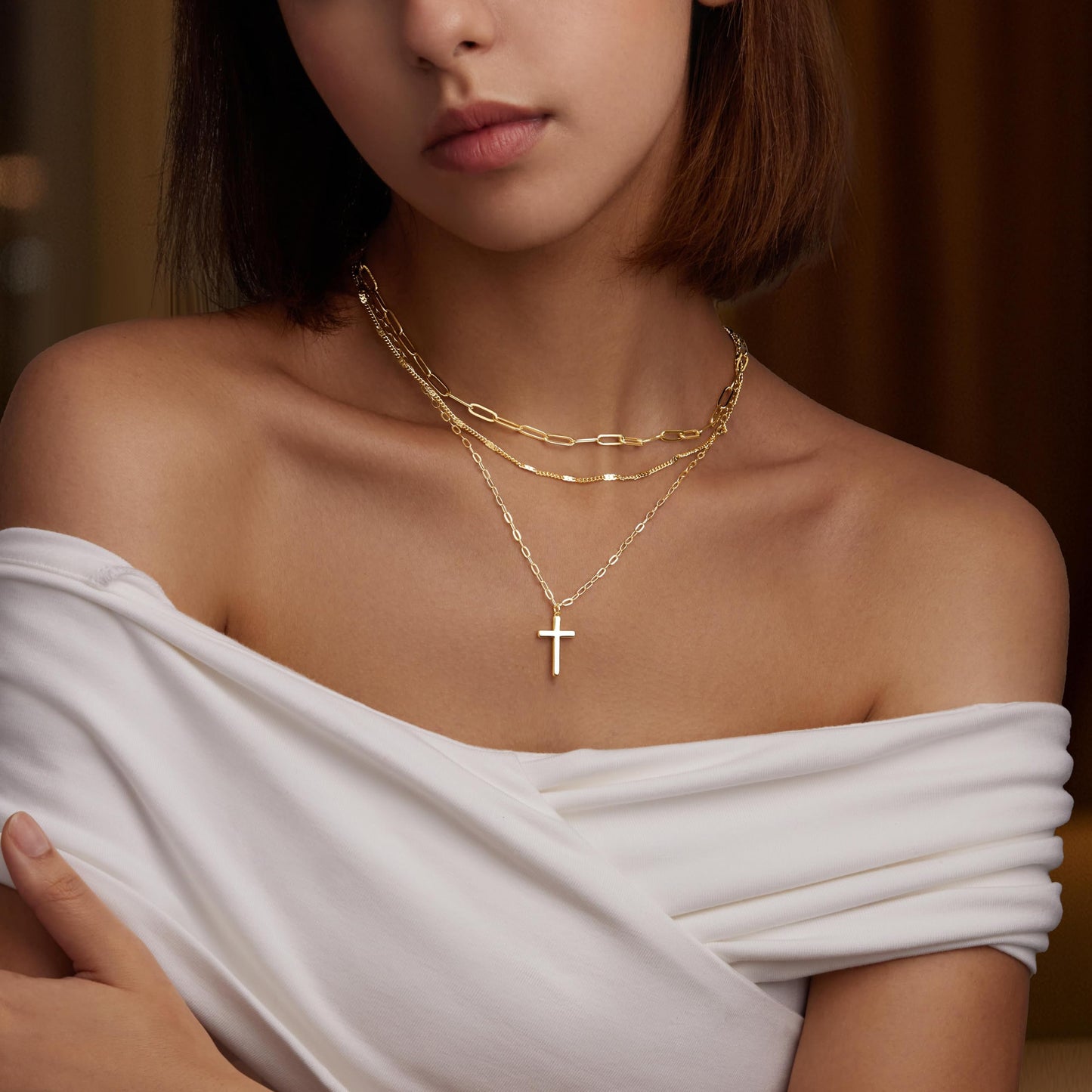 Layered Gold Cross Necklaces for Women,14k Gold Plated Dainty Stackable Choker Paperclip Necklaces for Women,Trendy Layering Thin Cross Pendant Chain Necklace Set Jewelry Gifts for Women