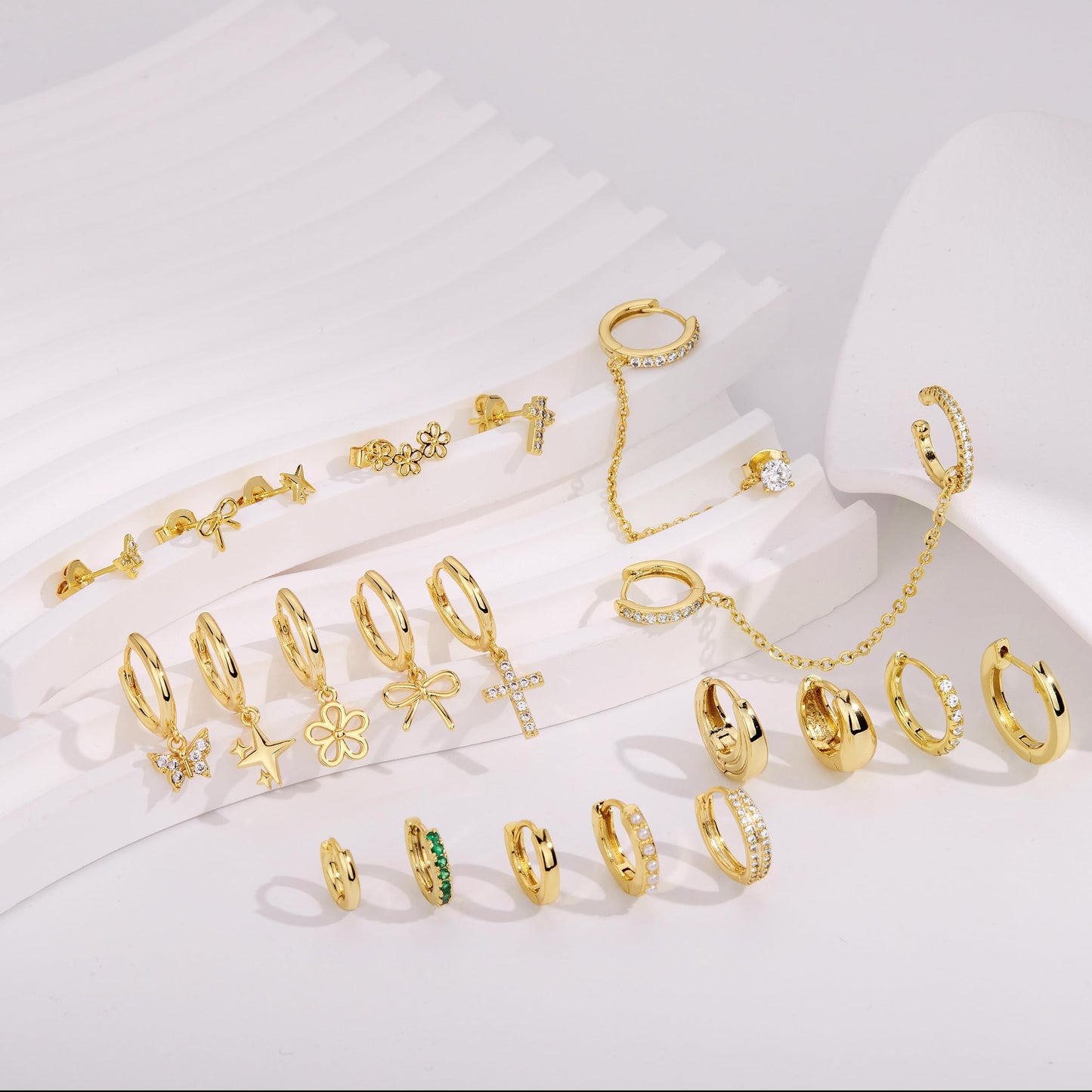 Gold Flower Earrings for Women,Huggie Small Stack Cartilage Stud Hoop Earring Sets for Multiple Double Piercing, Conch Helix Rook Tragus Daith Piercing Gold Clip On Jewelry Set Gifts