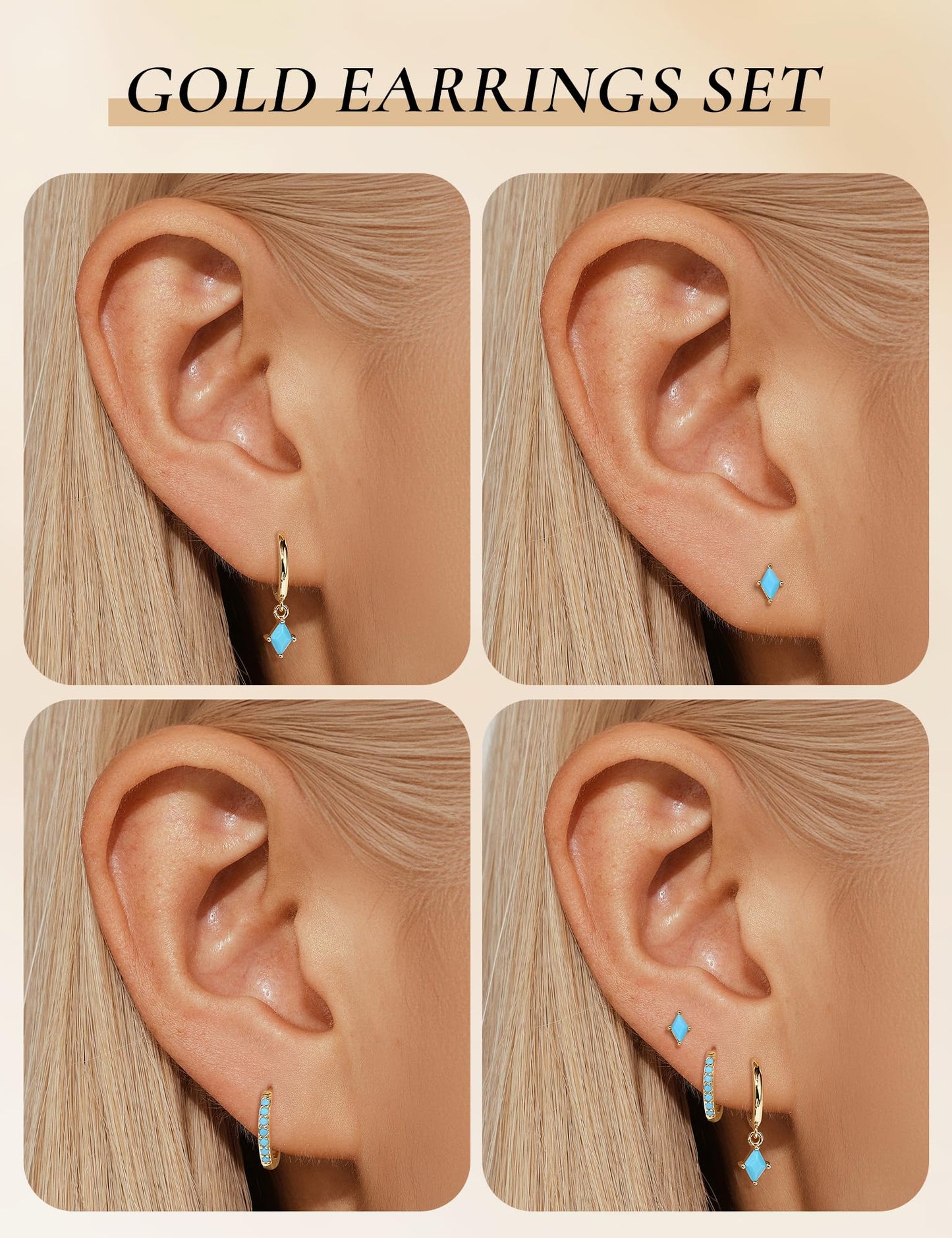 3 Pairs Gold Turquoise Earrings Set for Women, Dainty 14K Gold Plated Hypoallergenic Turquoise Dangle Hoop Earring, Trendy Small Gold Earring Stack, Western Earrings Jewelry Gifts