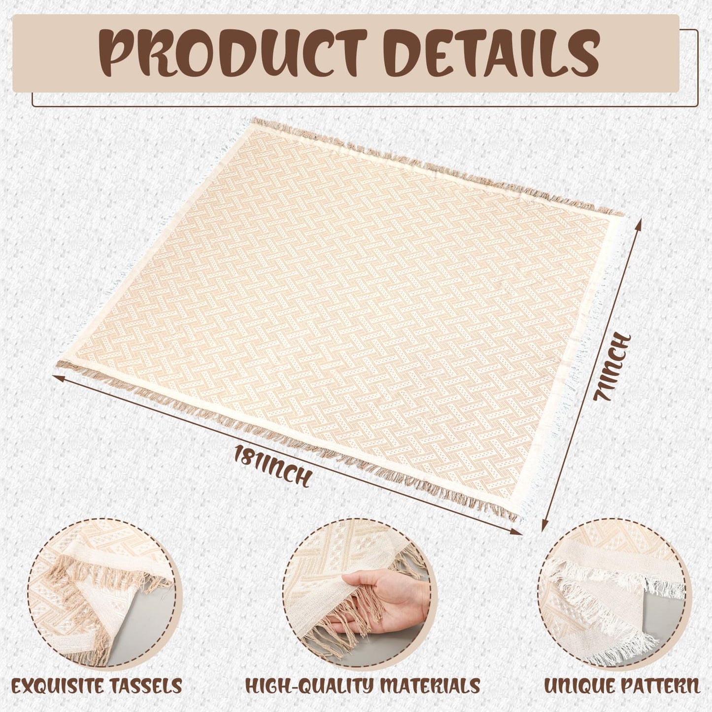 Beeveer Extra Large Outdoor Boho Picnic Blanket 181'' x 71'' Beige White Table Runner 6 Throw Pillow Cover Woven Cotton Yarn Oversize Beach Blanket Washable for Picnic Camp Wedding